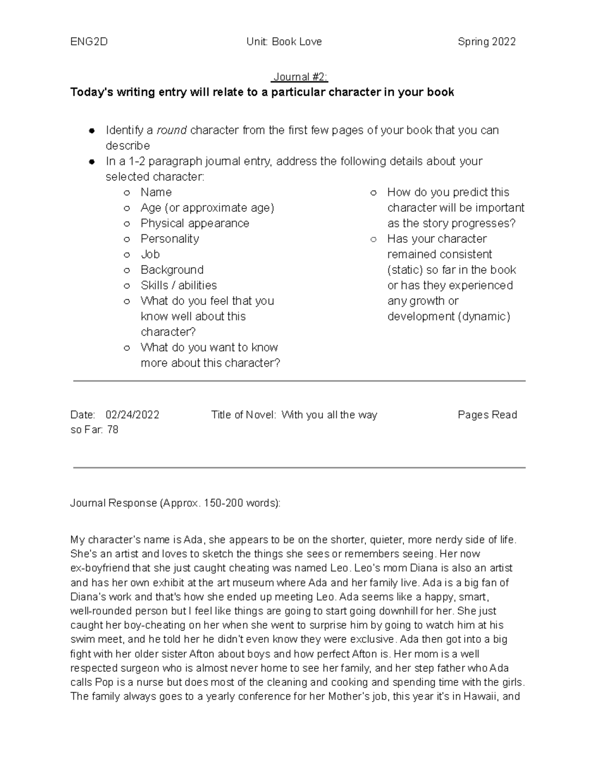 Copy of 2D Book Love Journal #2 - ENG2D Unit: Book Love Spring 2022 ...