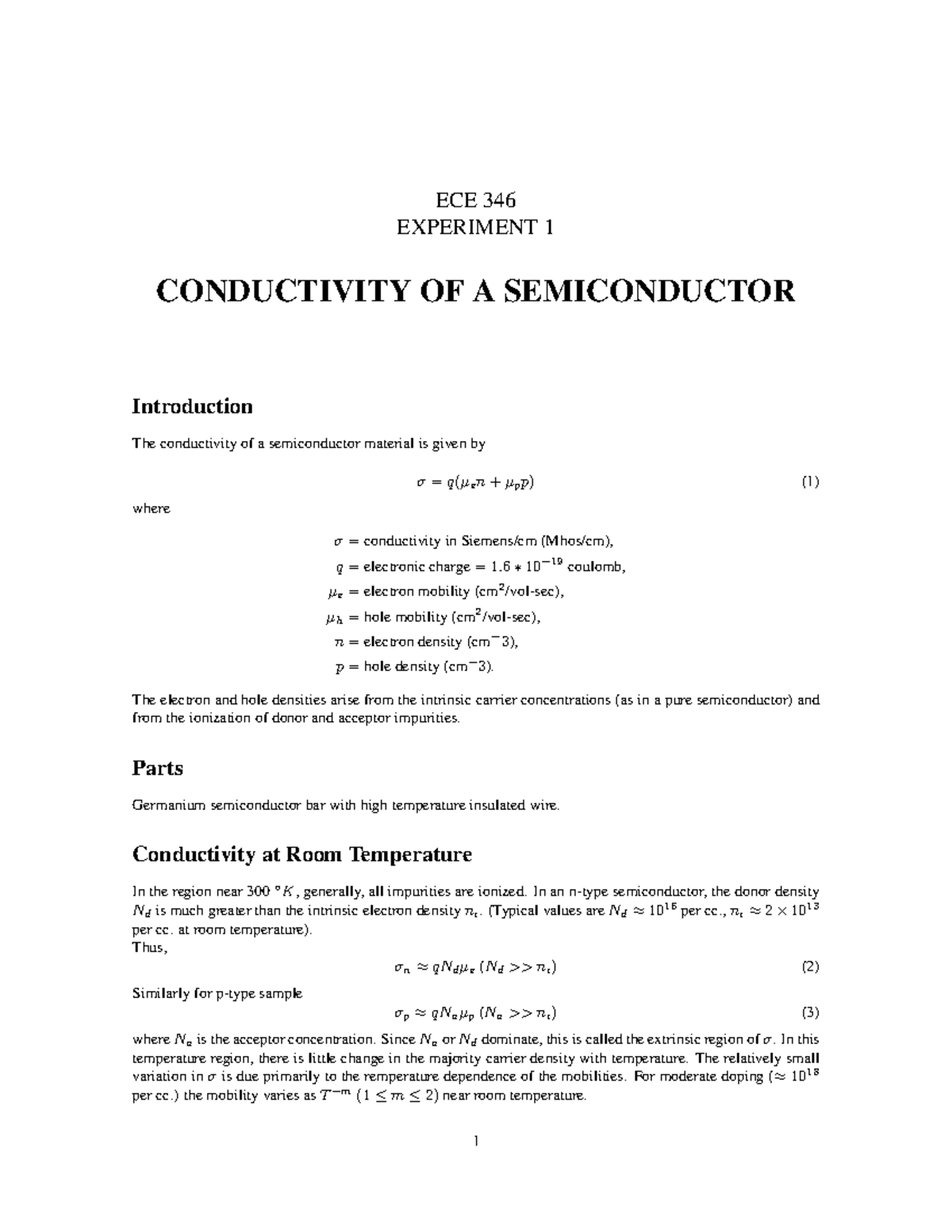 ECE346 lab 1 manual final final - ECE 346 EXPERIMENT 1 CONDUCTIVITY OF ...