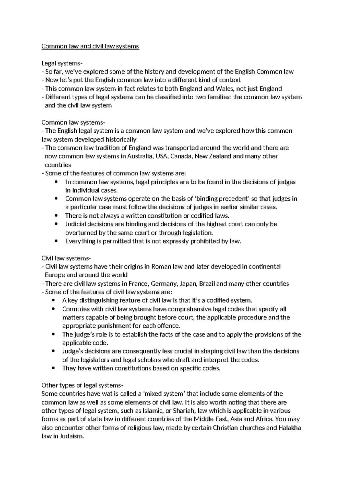 Common law and civil law systems - Common law systems operate on the ...