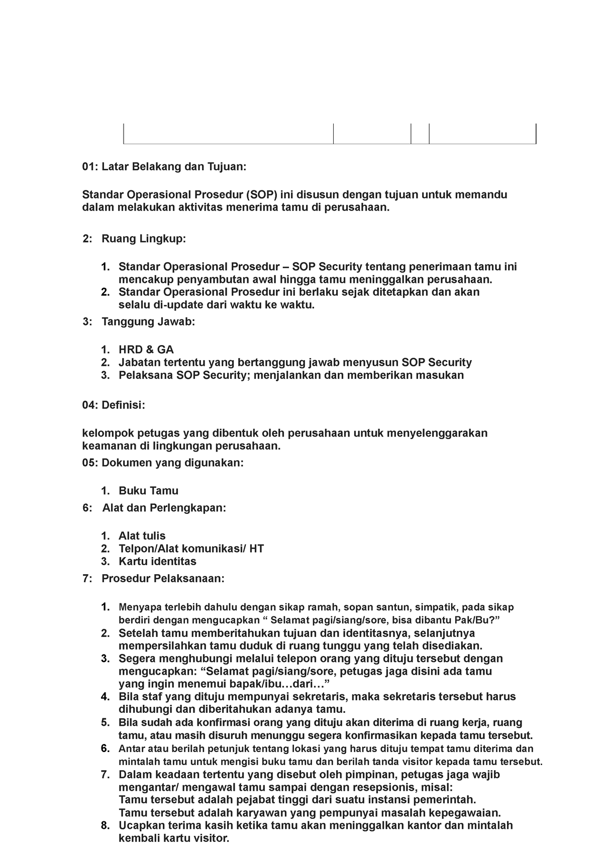 SOP Penerima TAMU - Administrative - 01: Latar Belakang Dan Tujuan ...