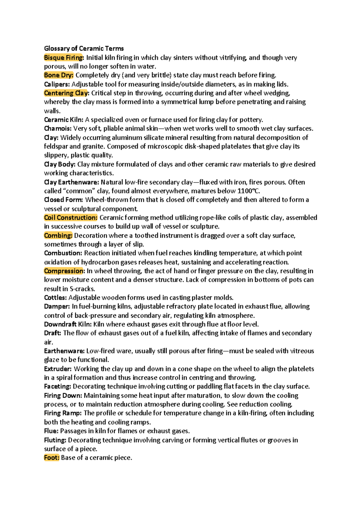 Microsoft Word Glossary of Ceramic Terms Glossary of Ceramic Terms Bisque Firing Initial
