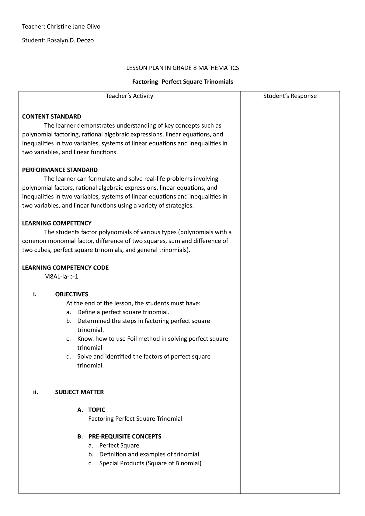 Rosalyn lesson plan IN Grade 8 Mathematics - Copy - Teacher: Christine ...