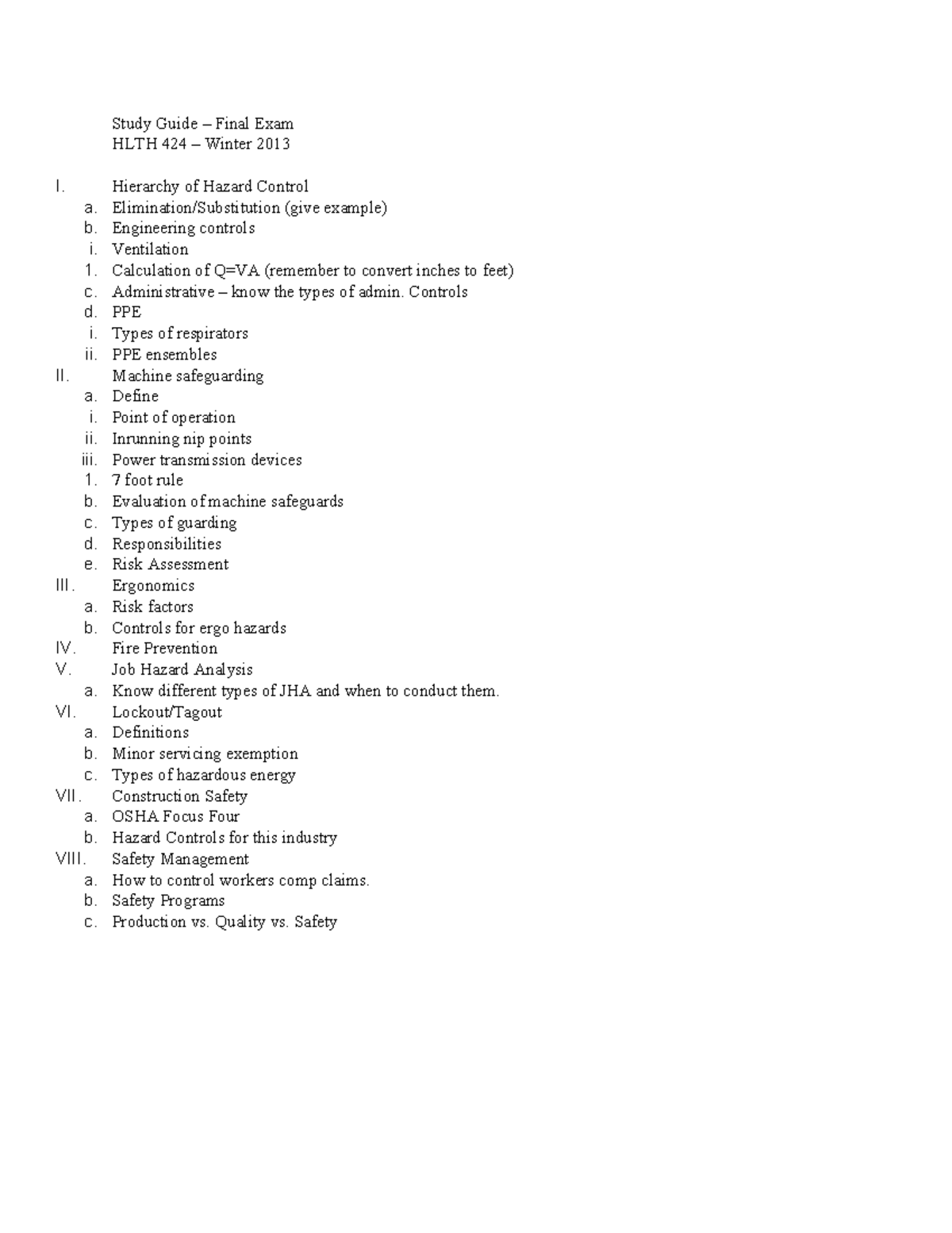 Occupational Health and Safety Final Exam Review Notes - Study Guide ...