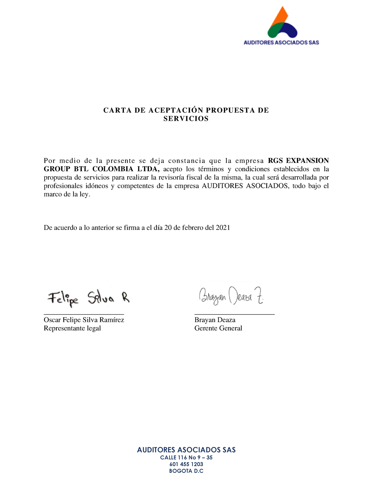 Carta DE Aceptacion Propuesta DE Servicios - AUDITORES ASOCIADOS SAS ...