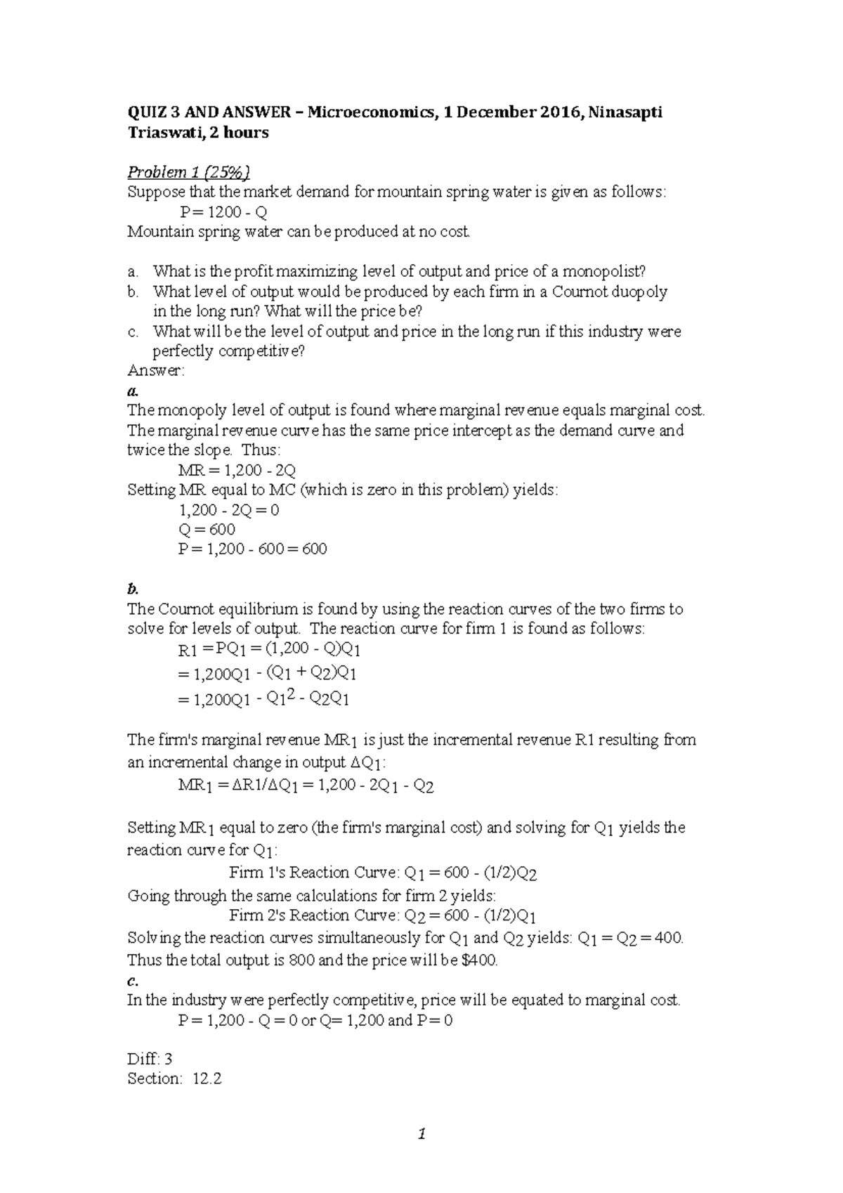 QUIZ 3 AND Answer Microeconomics 1 12 20 - QUIZ 3 AND ANSWER ...