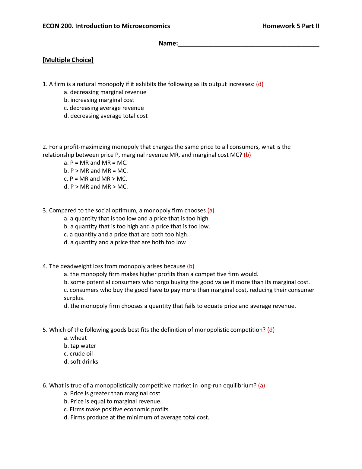 Homework 5 Part II AK - ECON 200. Introduction To Microeconomics ...