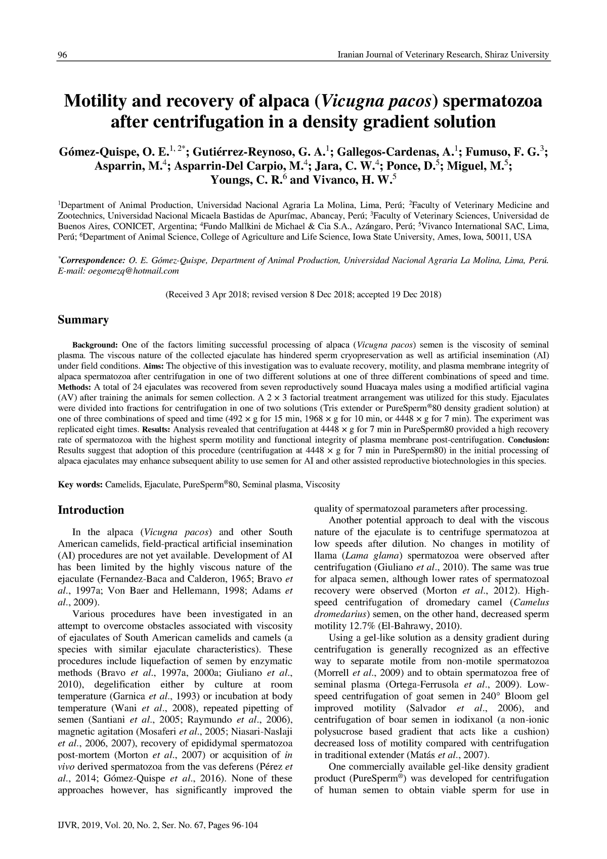 Motility And Recovery Of Alpaca Vicugna Pacos Spermatozoa After Centrifugation In Studocu