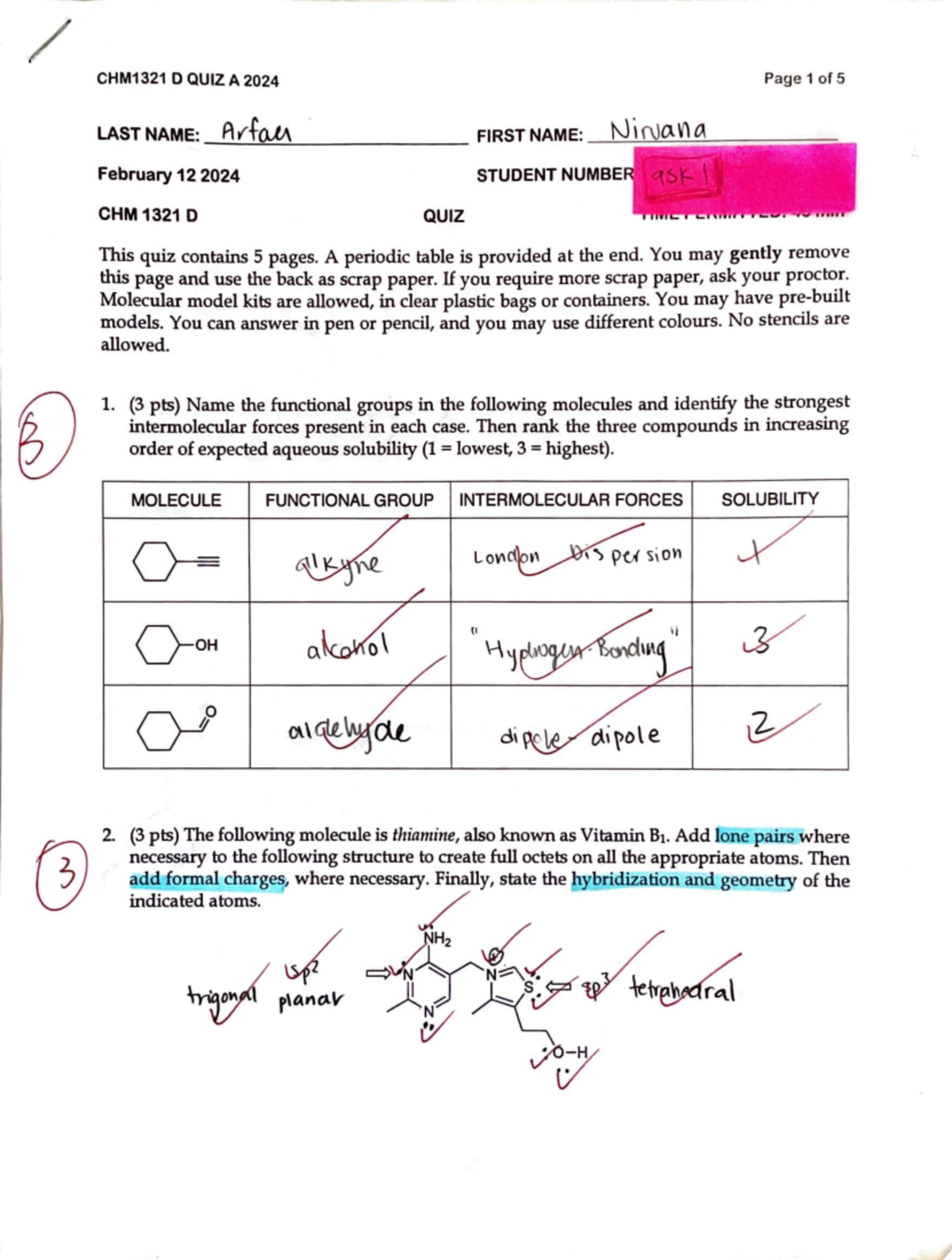 Orgo - 2024 Organic Chemistry Quiz answers - / CHM1321 D QUIZ A 2024 ...