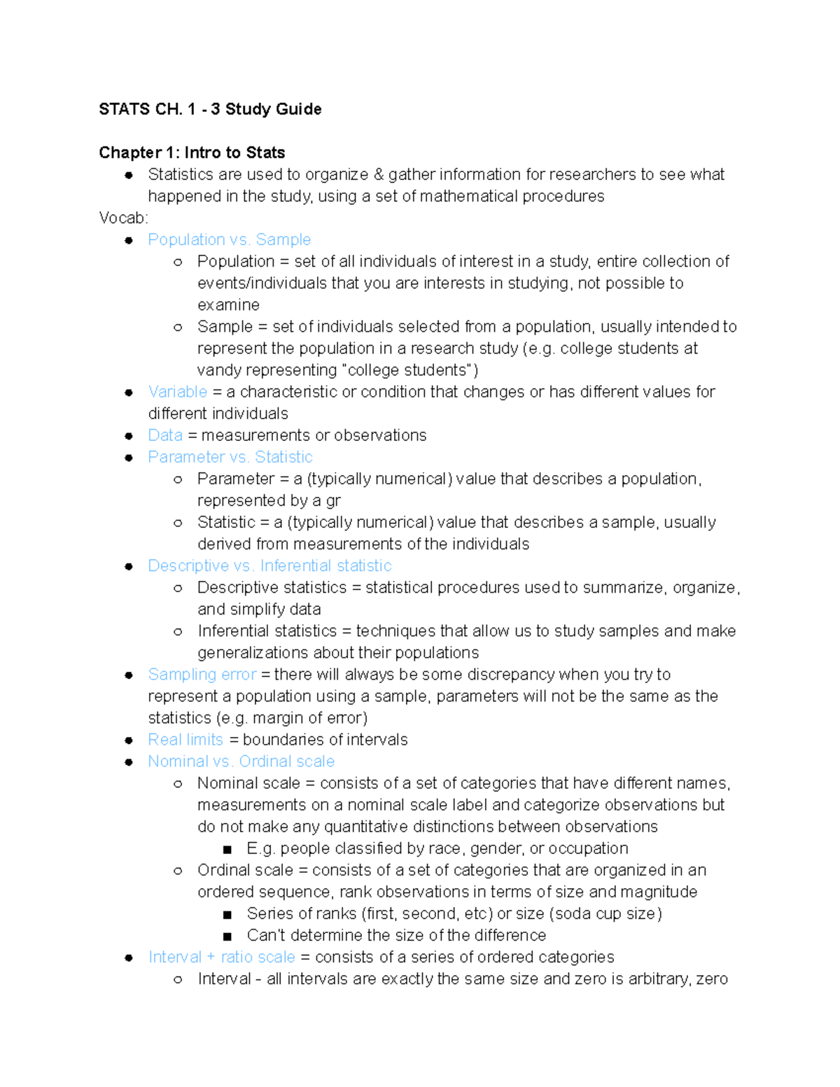 Stats CH 1-3 Study Guide - STATS CH. 1 - 3 Study Guide Chapter 1: Intro ...