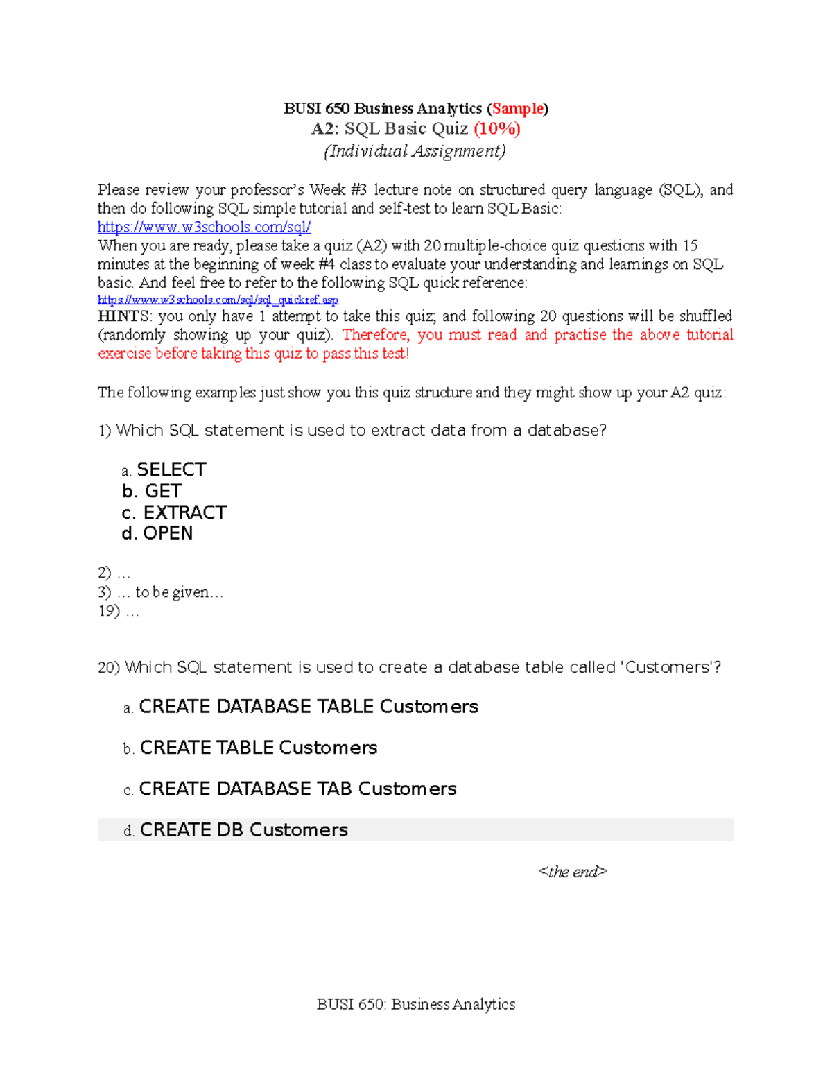 A2 SQL Quiz 10% - hyjyt - BUSI 650 Business Analytics (Sample) A2: SQL ...