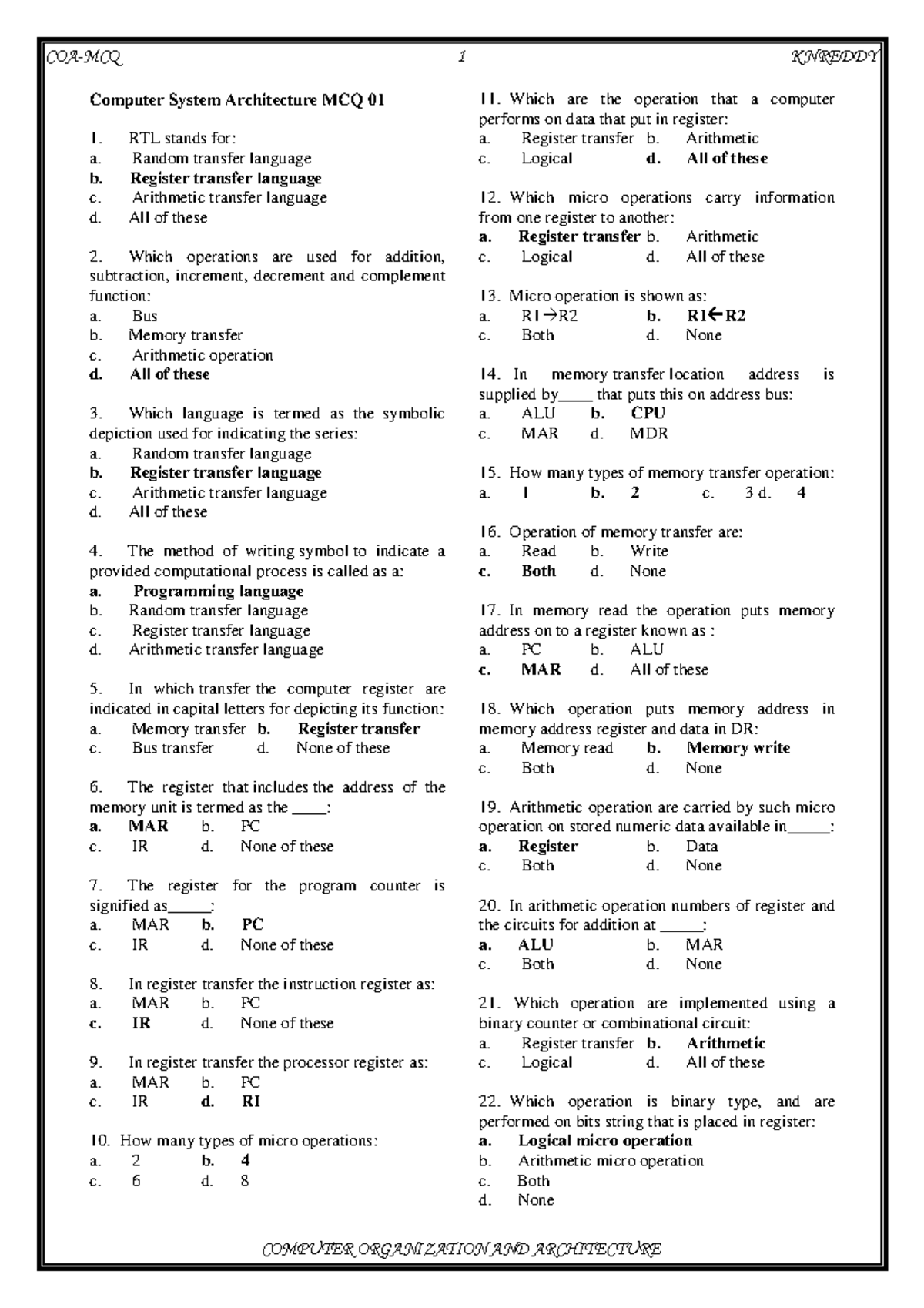 Coa mcq It is useful Computer System Architecture MCQ 01 RTL stands