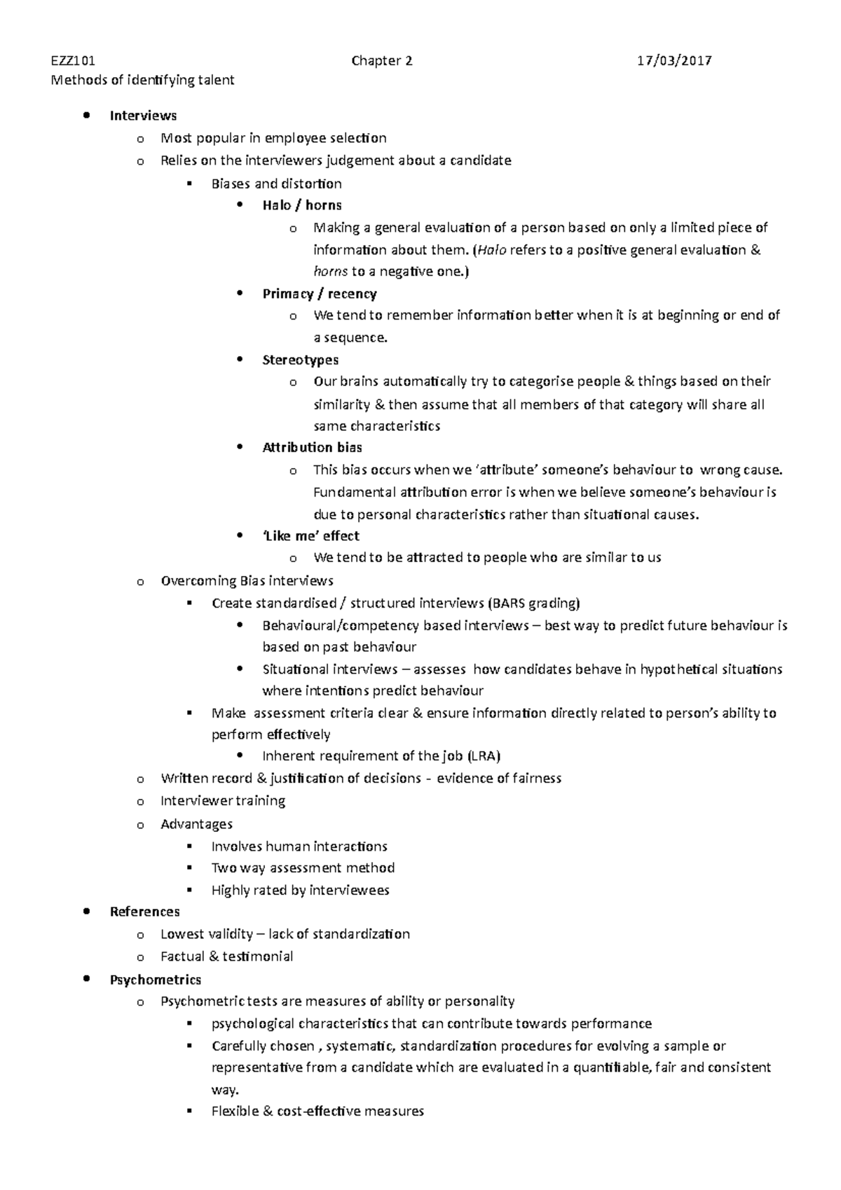 Lecture notes 17-03-2017 - EZZ101 Methods of identifying talent Chapter ...