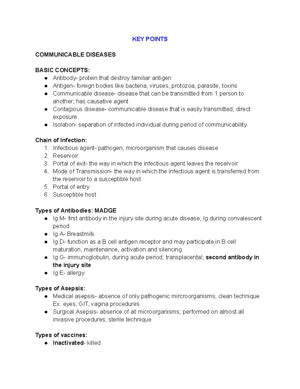 To Go Summary Notes - KEY POINTS COMMUNICABLE DISEASES BASIC CONCEPTS ...