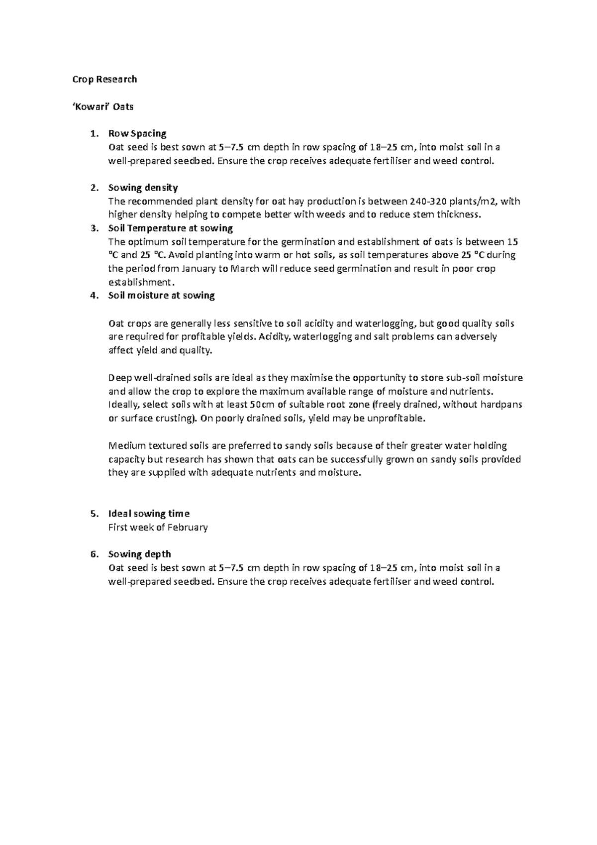 Crop Research - Ag notes - Crop Research ‘Kowari’ Oats 1. Row Spacing ...