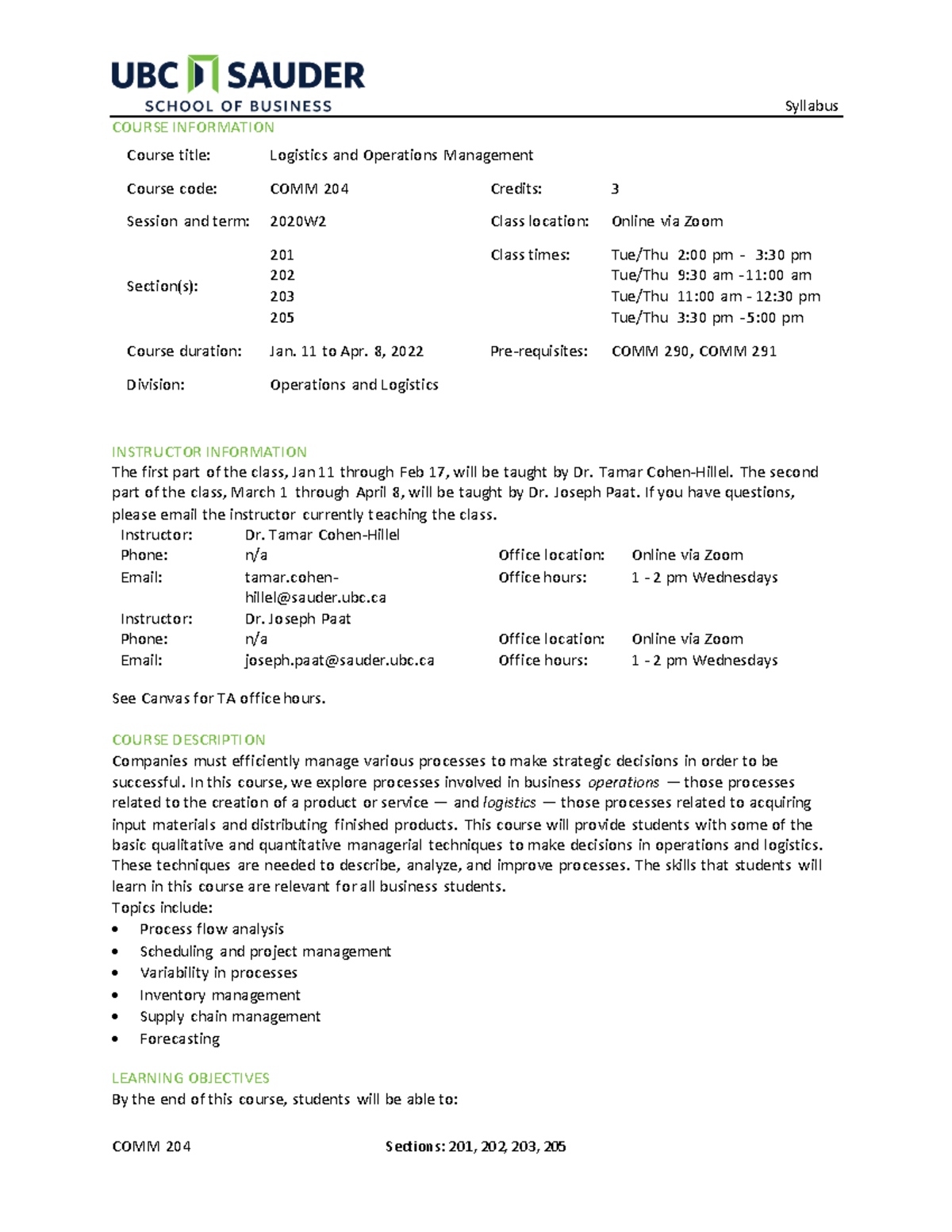 Syllabus - COURSE INFORMATION Course title: Logistics and Operations ...