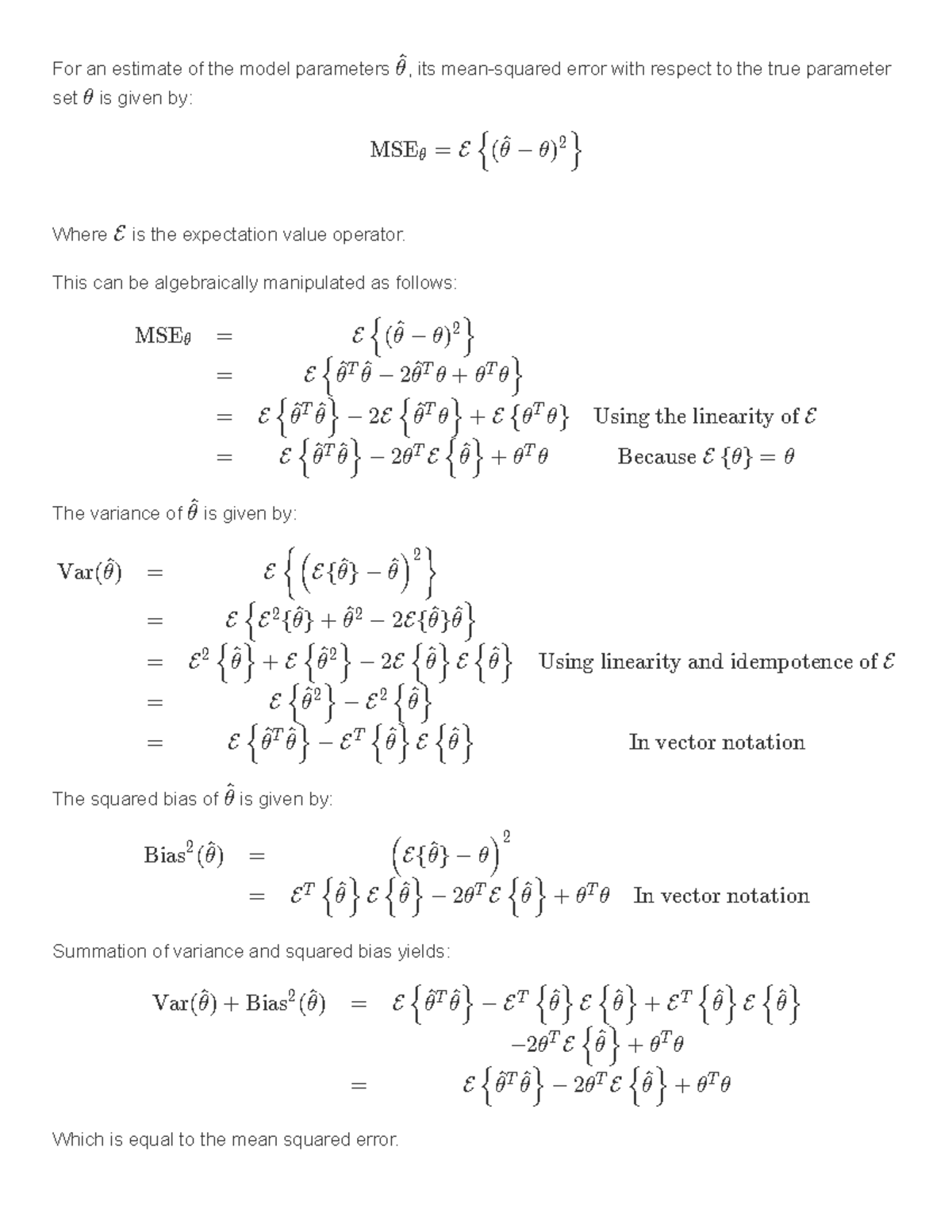 bias-variance-derivation-for-an-estimate-of-the-model-parameters