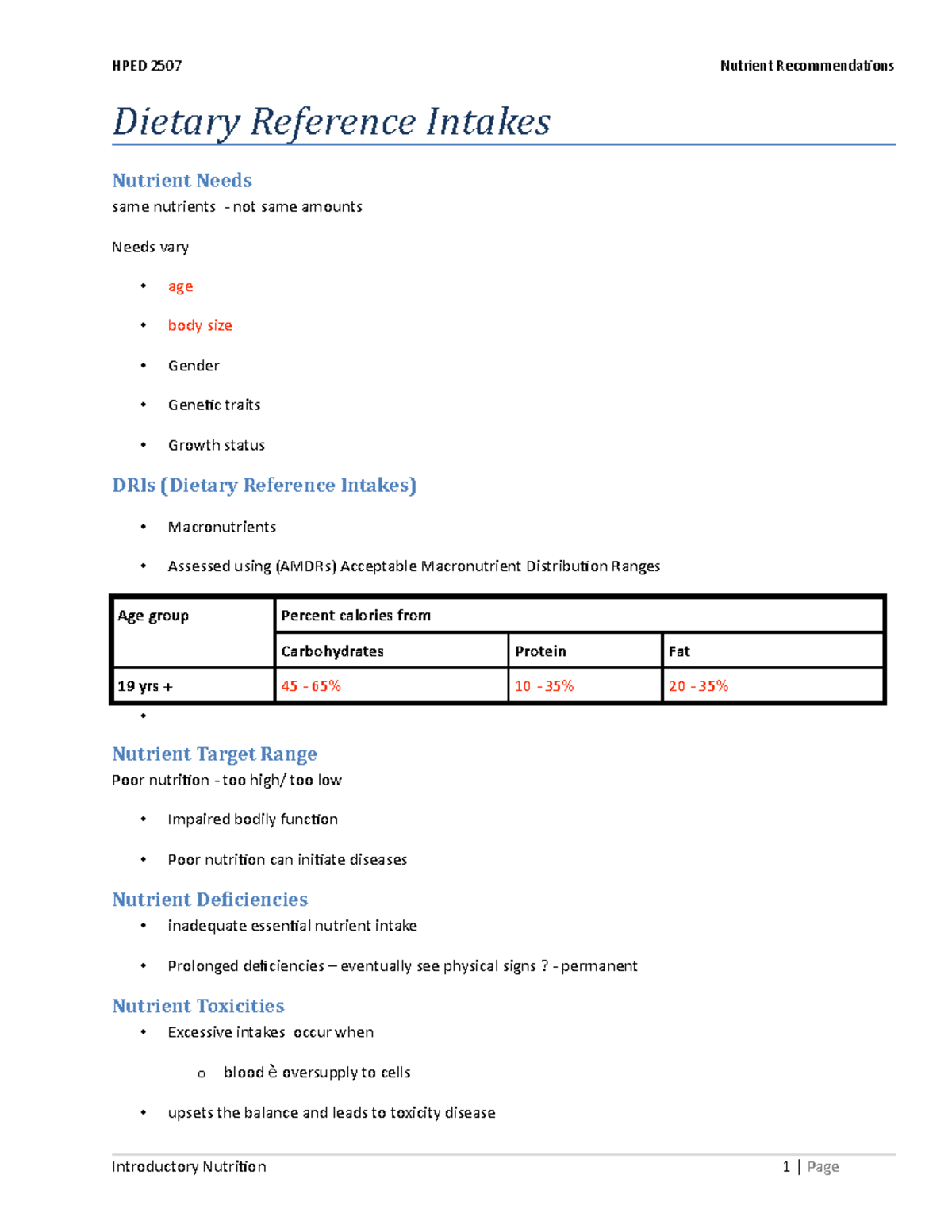 Nutrient Recommendations - HPED 2507 Nutrient Recommendations Dietary ...