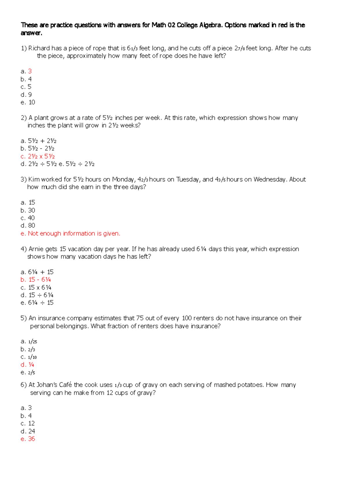 Practice Questions for Math 02 College Algebra (16) - These are ...