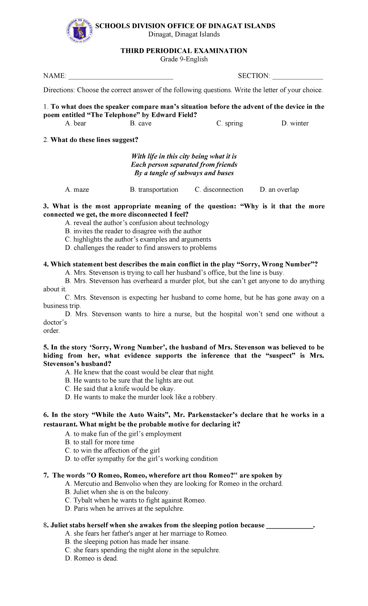 ENG 9 Third Quarter Examination Copy SCHOOLS DIVISION OFFICE OF