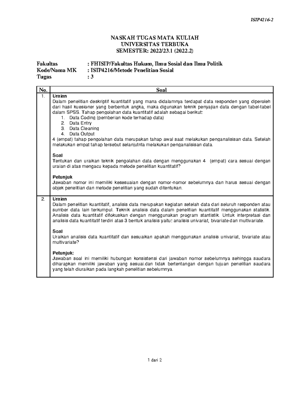 Soal Isip4216 Tmk3 2 - Penelitian - ISIP4216- 1 Dari 2 NASKAH TUGAS ...