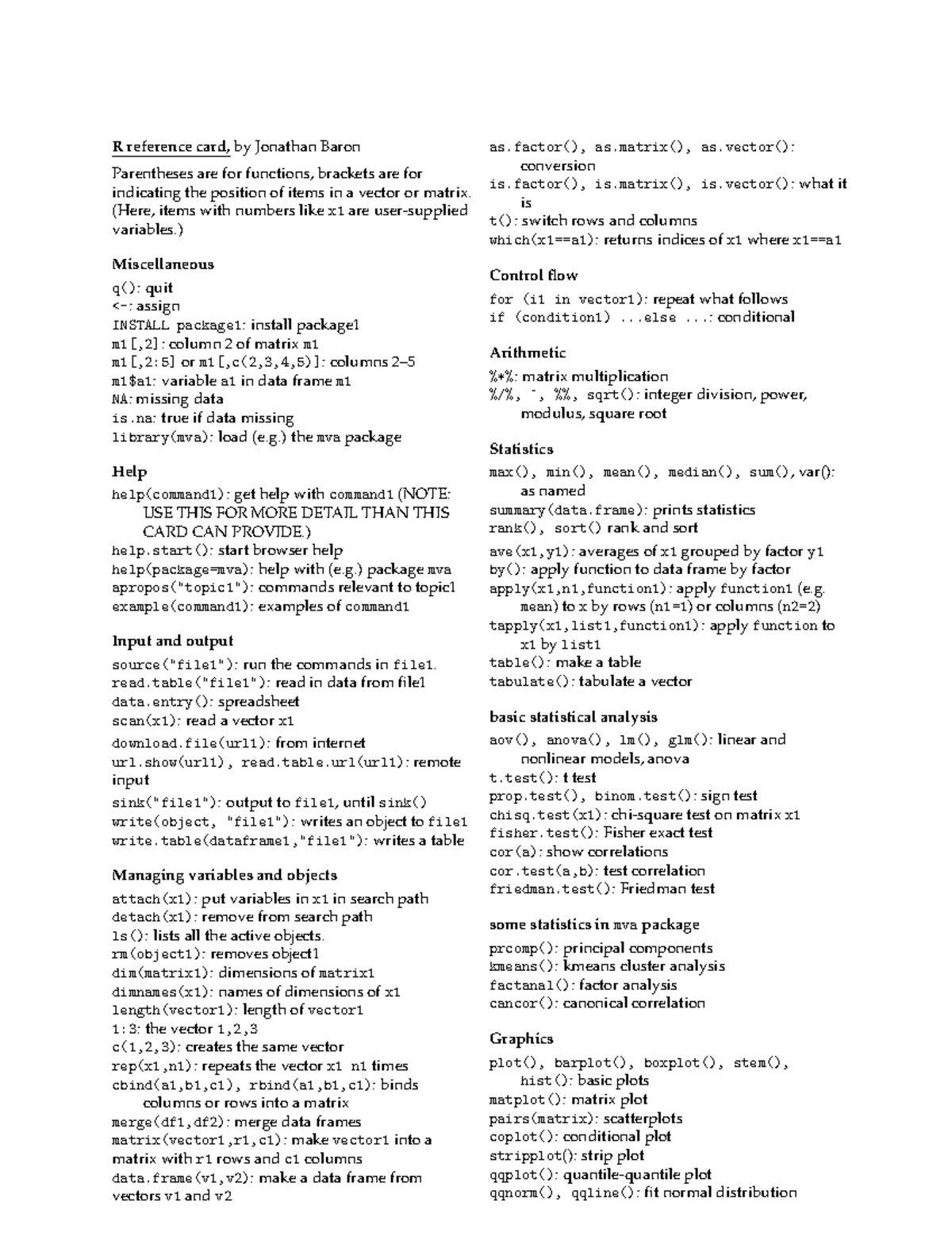 R-refcard - R reference card, by Jonathan Baron Parentheses are for ...