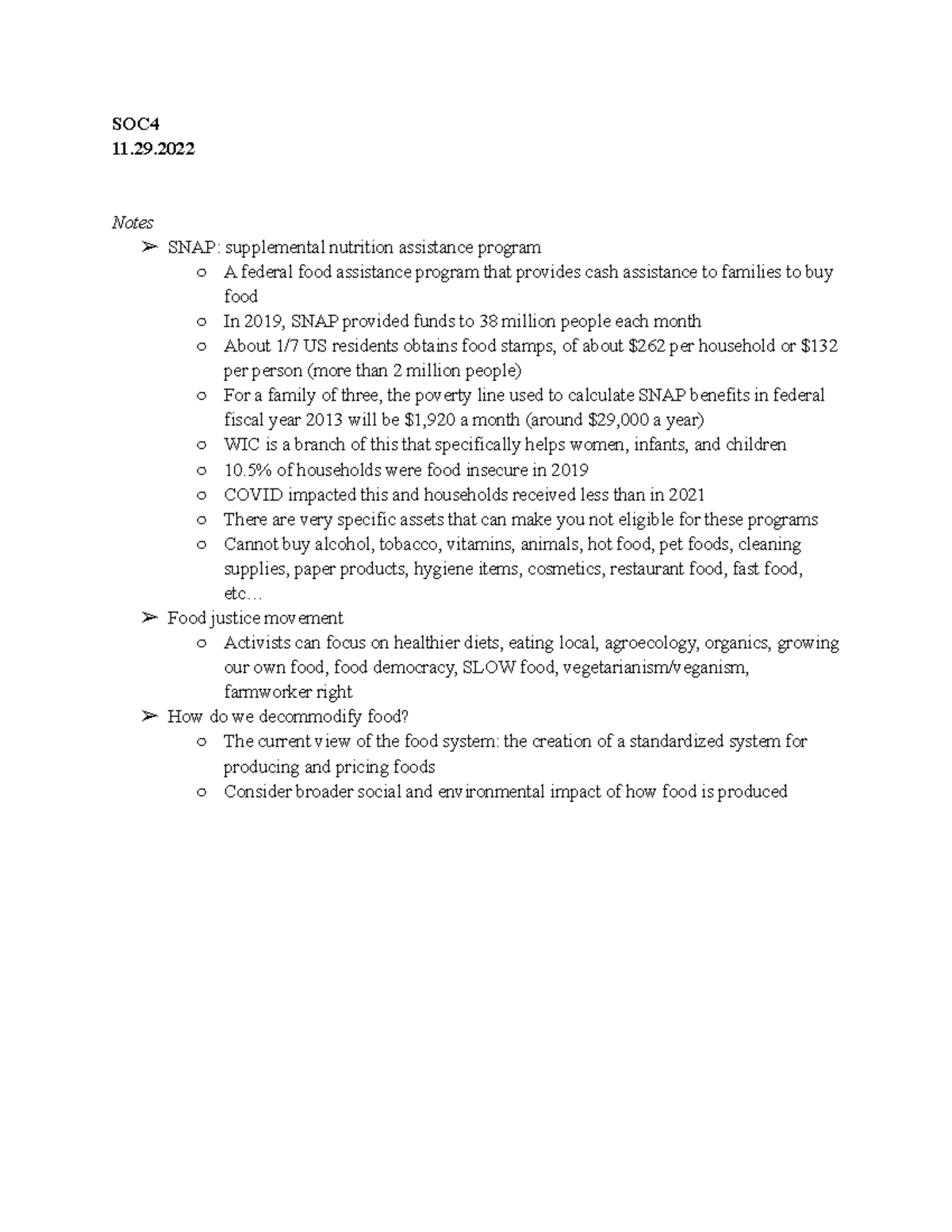 11.29.2022 Notes - SOC 11. Notes SNAP: supplemental nutrition ...