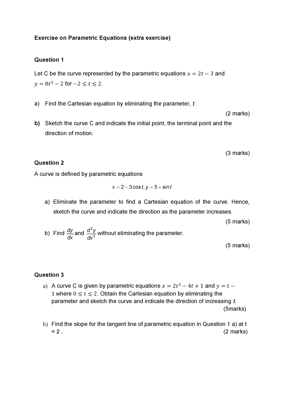 Exercise On Parametric Equations Extra With Solution - Exercise On ...