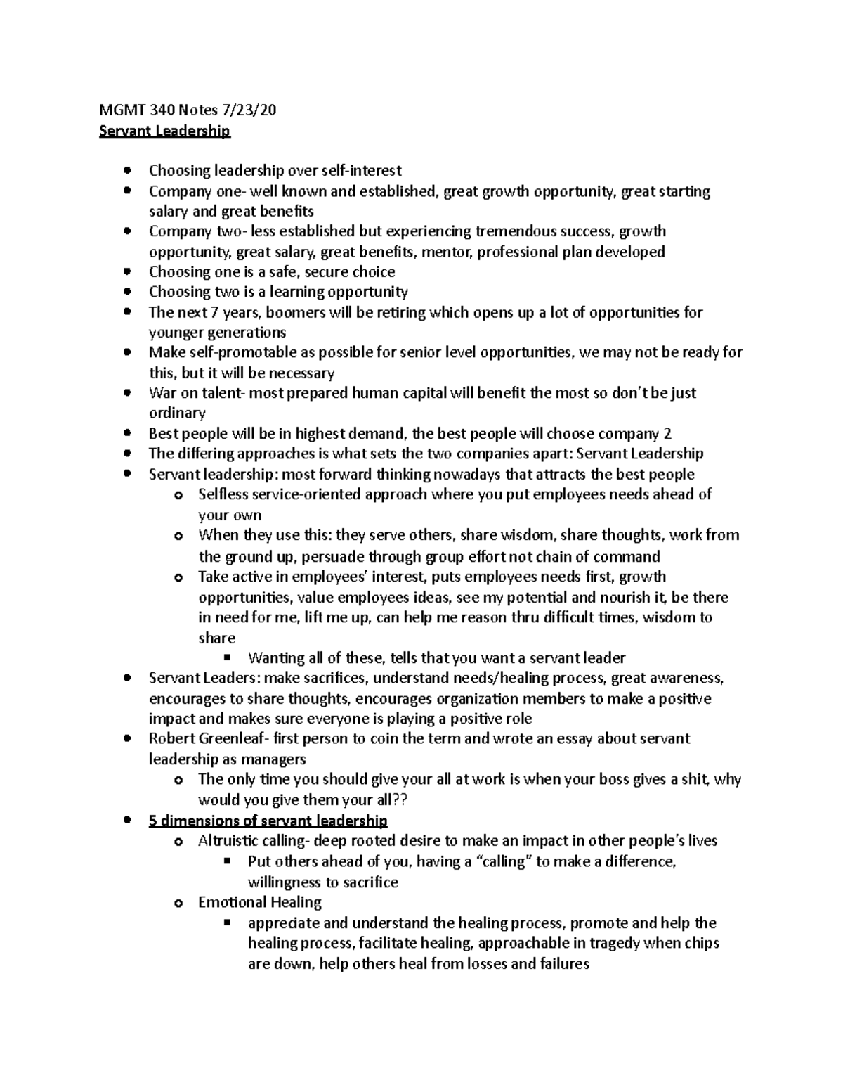 MGMT 340 Notes 7:23 - MGMT 340 Notes 7/23/ Servant Leadership Choosing ...