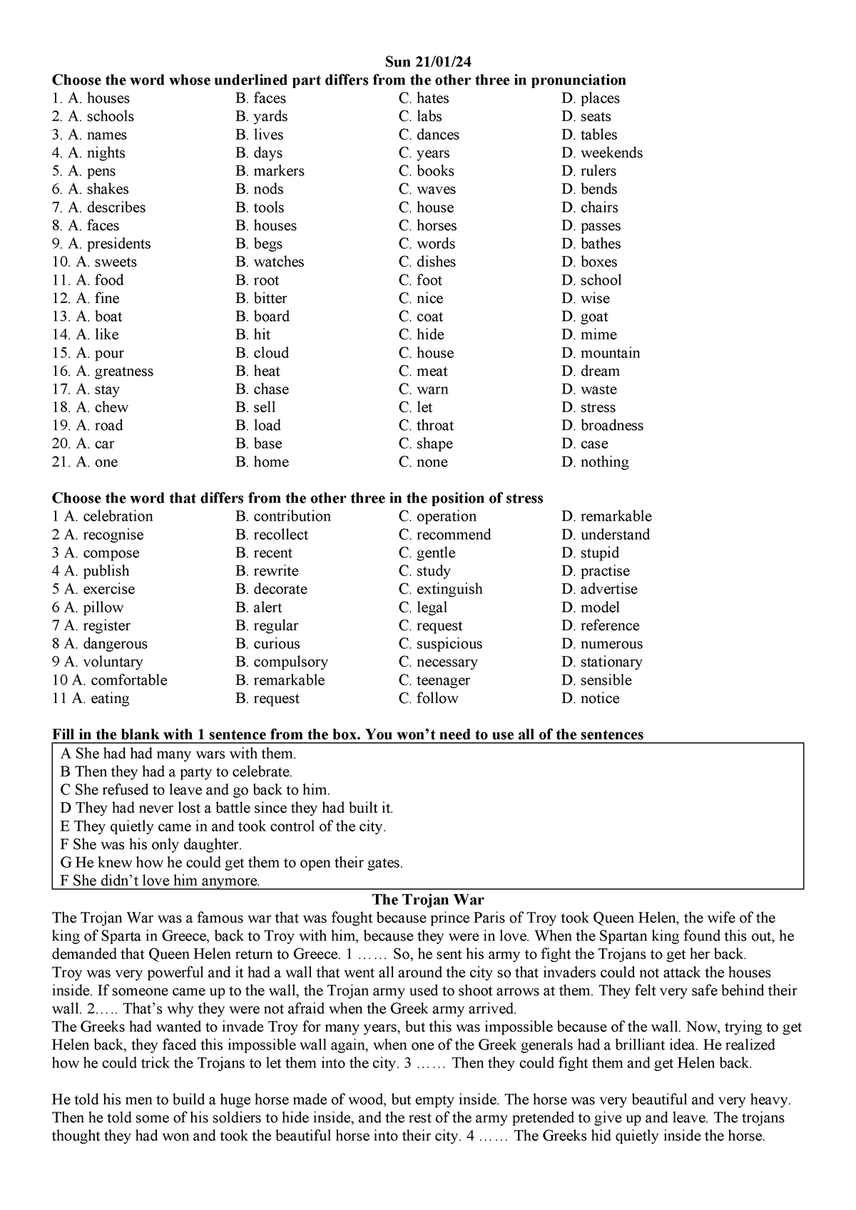 2101 - fcjnsdjfhdskl - Sun 21/01/ Choose the word whose underlined part ...