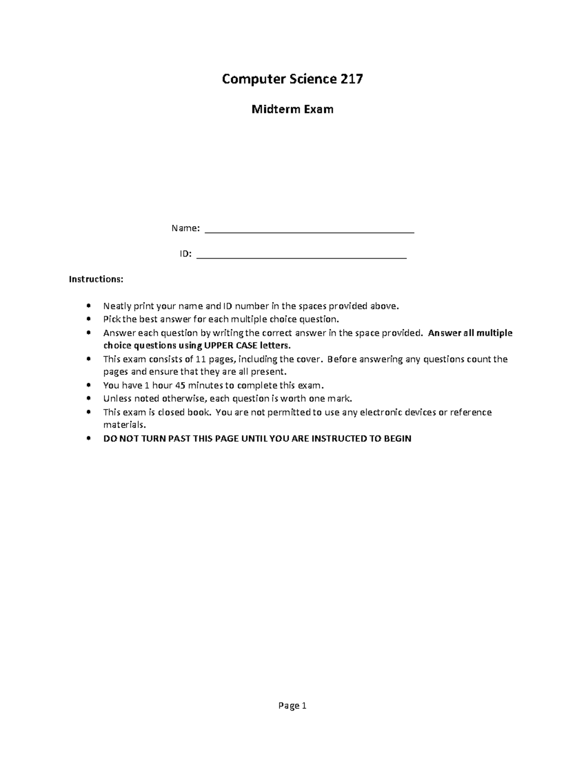 Midterm Exam 2016, questions - Computer Science 217 Midterm Exam Name ...