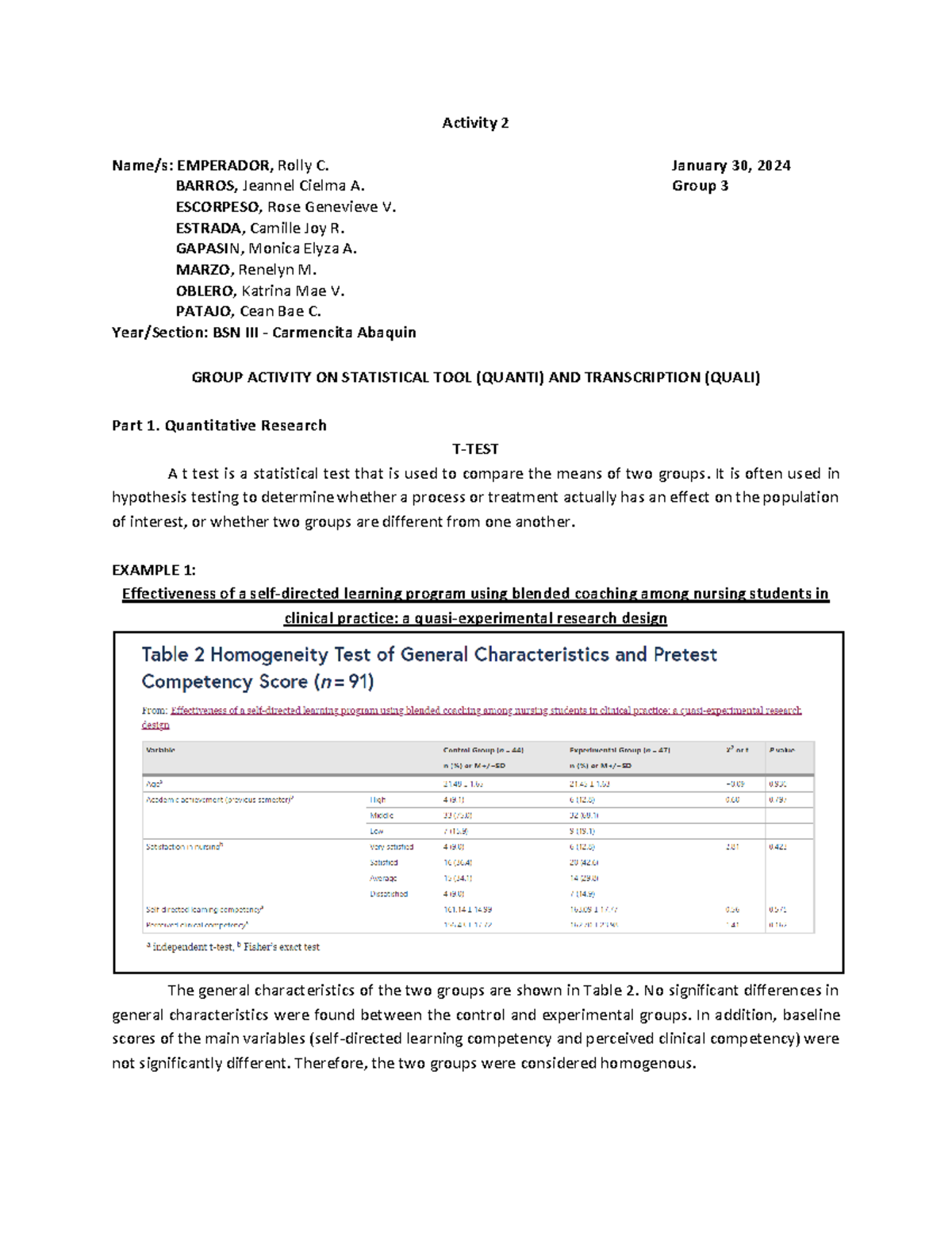 Group 3 Assignment Statistical tool and Transcription - Activity 2 Name ...