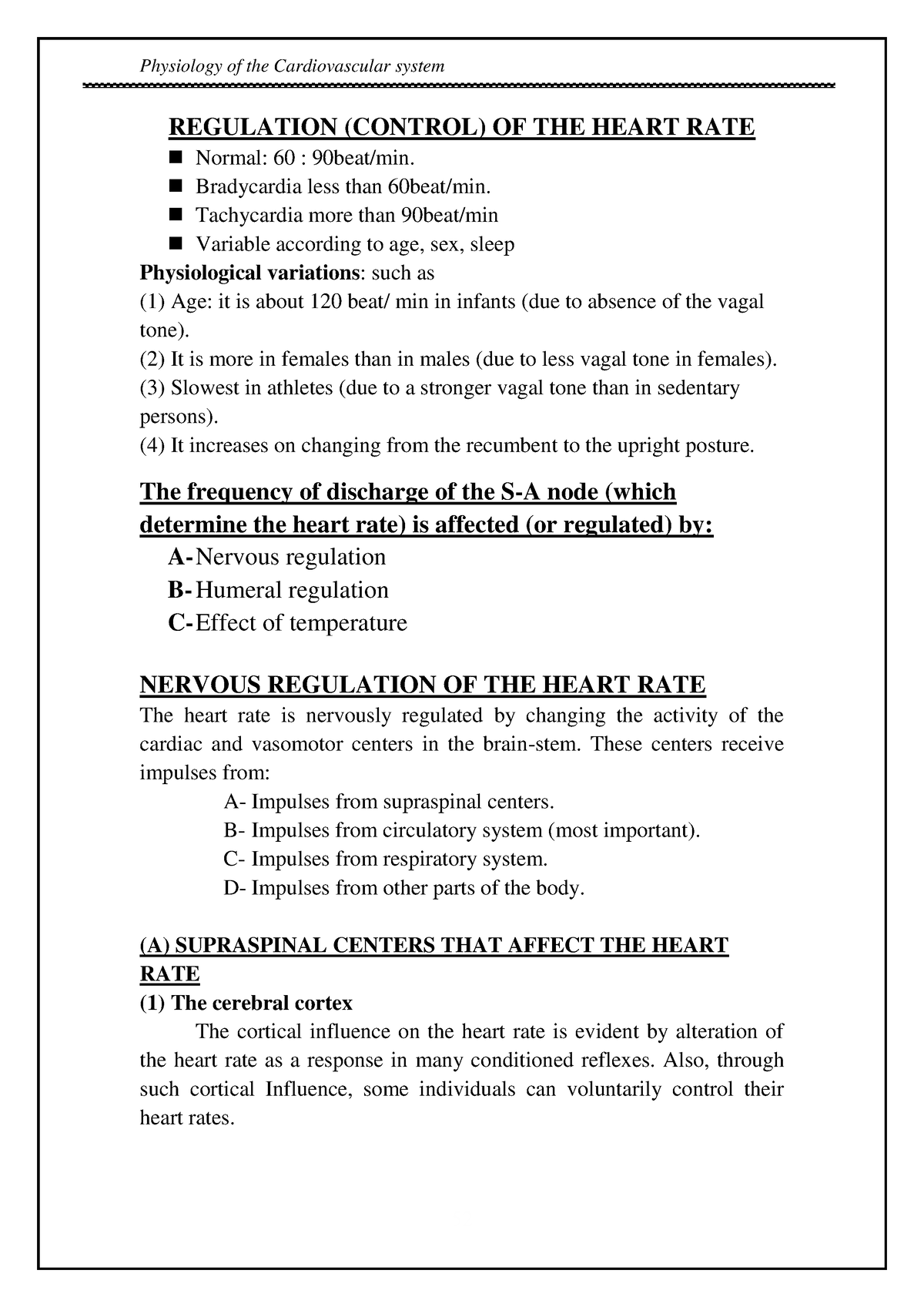 CVS physio- Regulation ( Control) OF THE Heart RATE - REGULATION ...