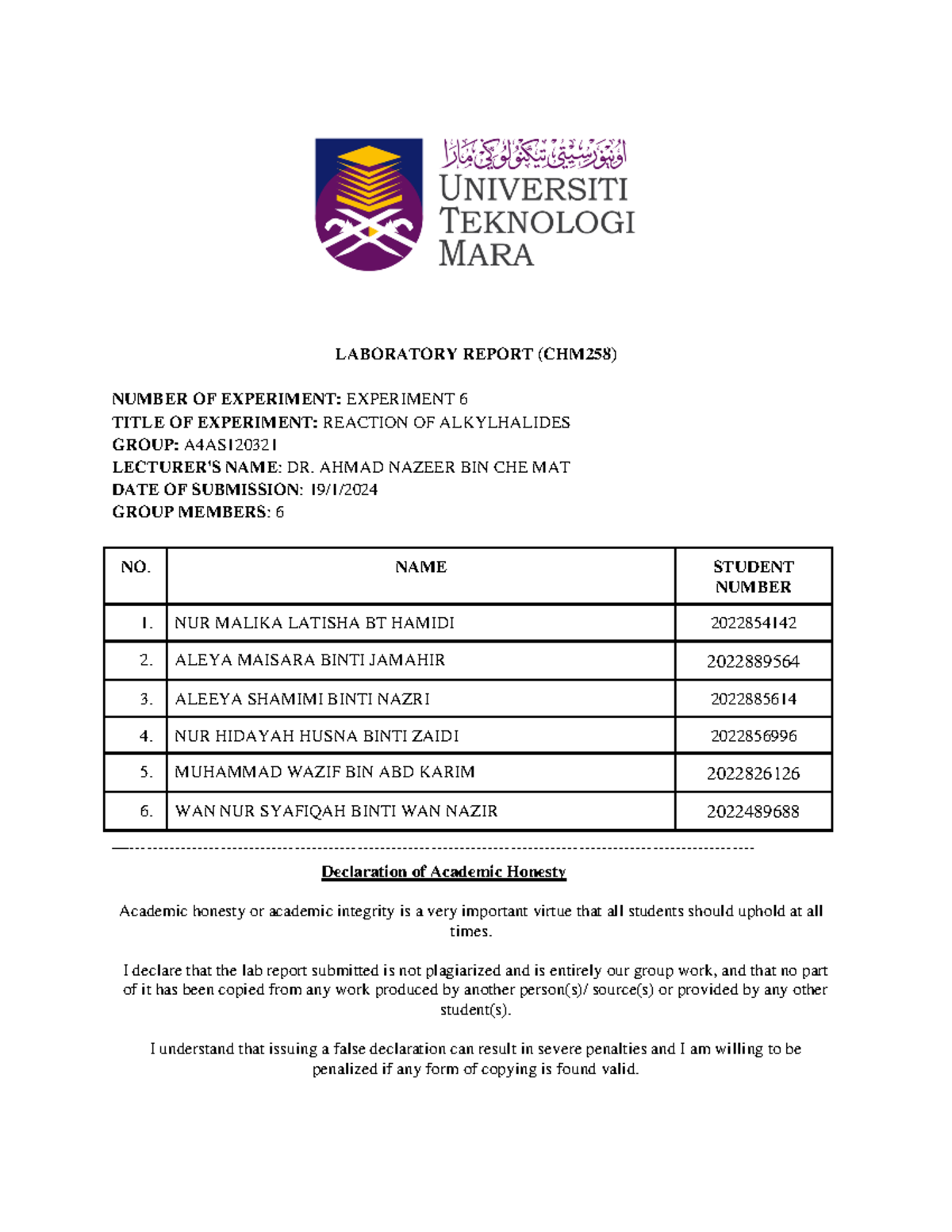 CHM258 LAB Report EXP 6 - LABORATORY REPORT (CHM258) NUMBER OF ...
