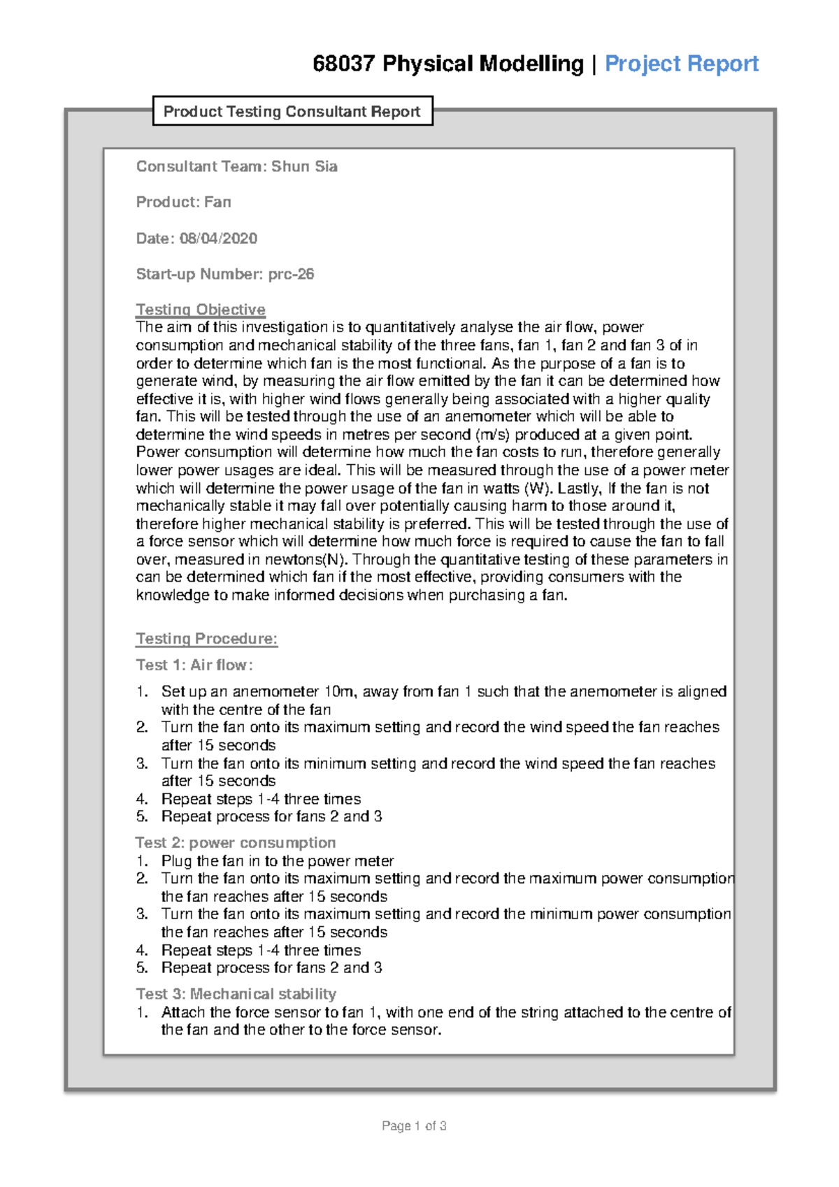 Prac report fan - 68037 Physical Modelling | Project Report Page 1 of 3 ...