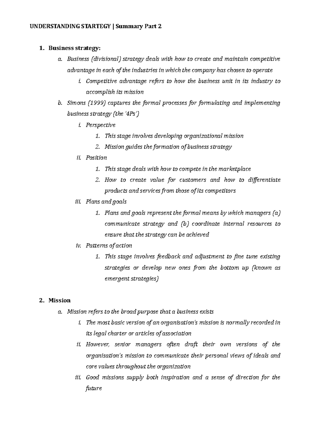Summary Part 2 Business strategy a. Business (divisional) strategy