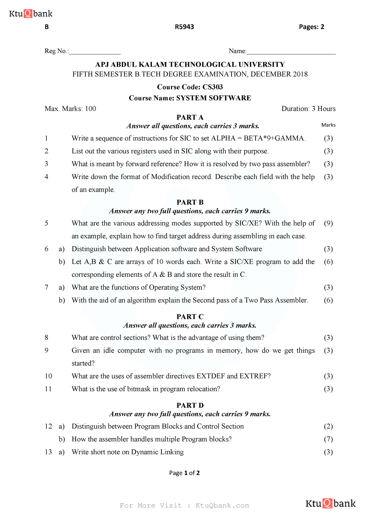 2018 Dec. CS303-C - Ktu Qbank - B R5943 Pages: 2 Page 1 Of 2 Reg No ...