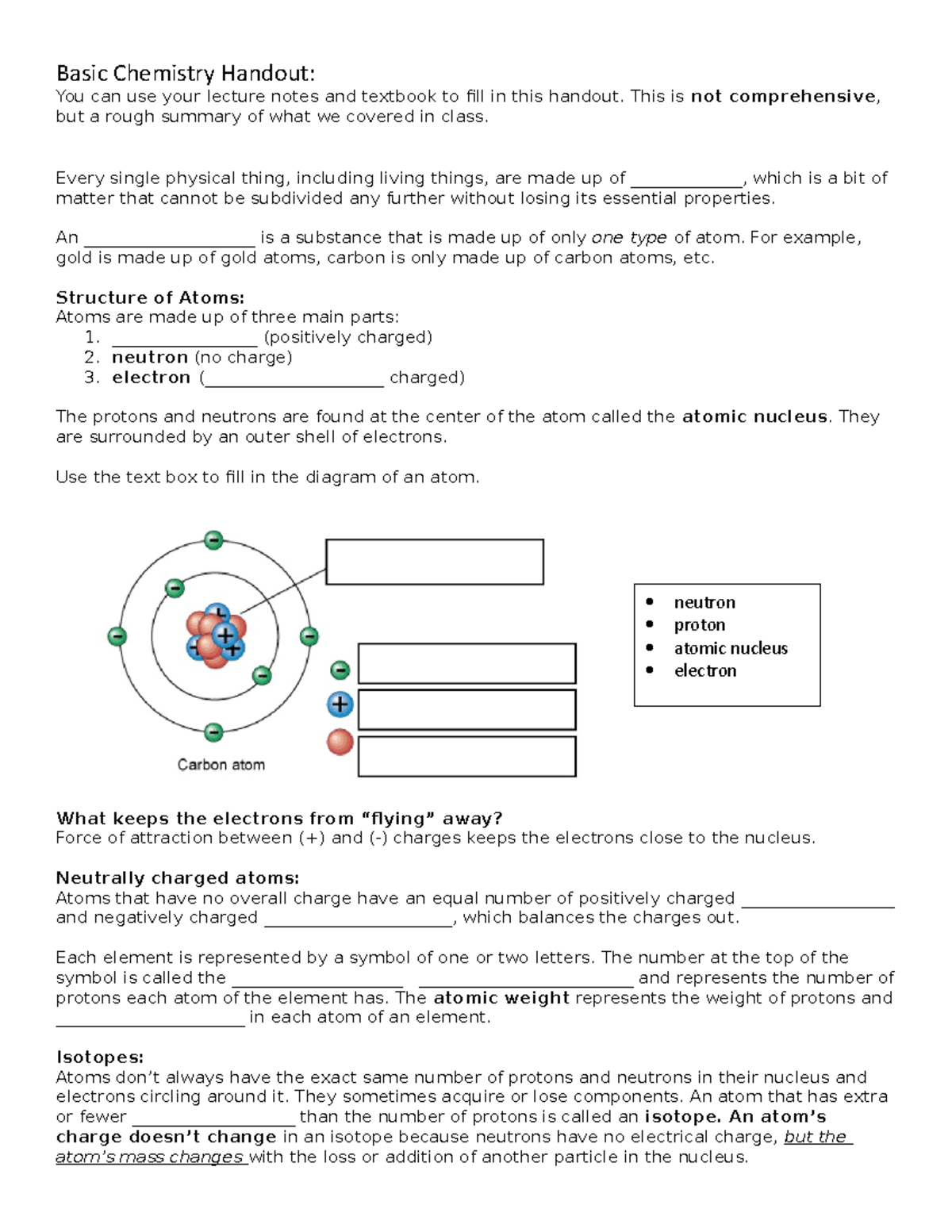 Basic Chemistry Handout - This is not comprehensive , but a rough ...