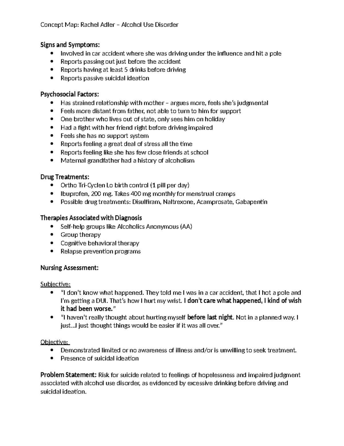 Concept Map - Rachel Adler (Alcohol Use Disorder) - Concept Map: Rachel ...