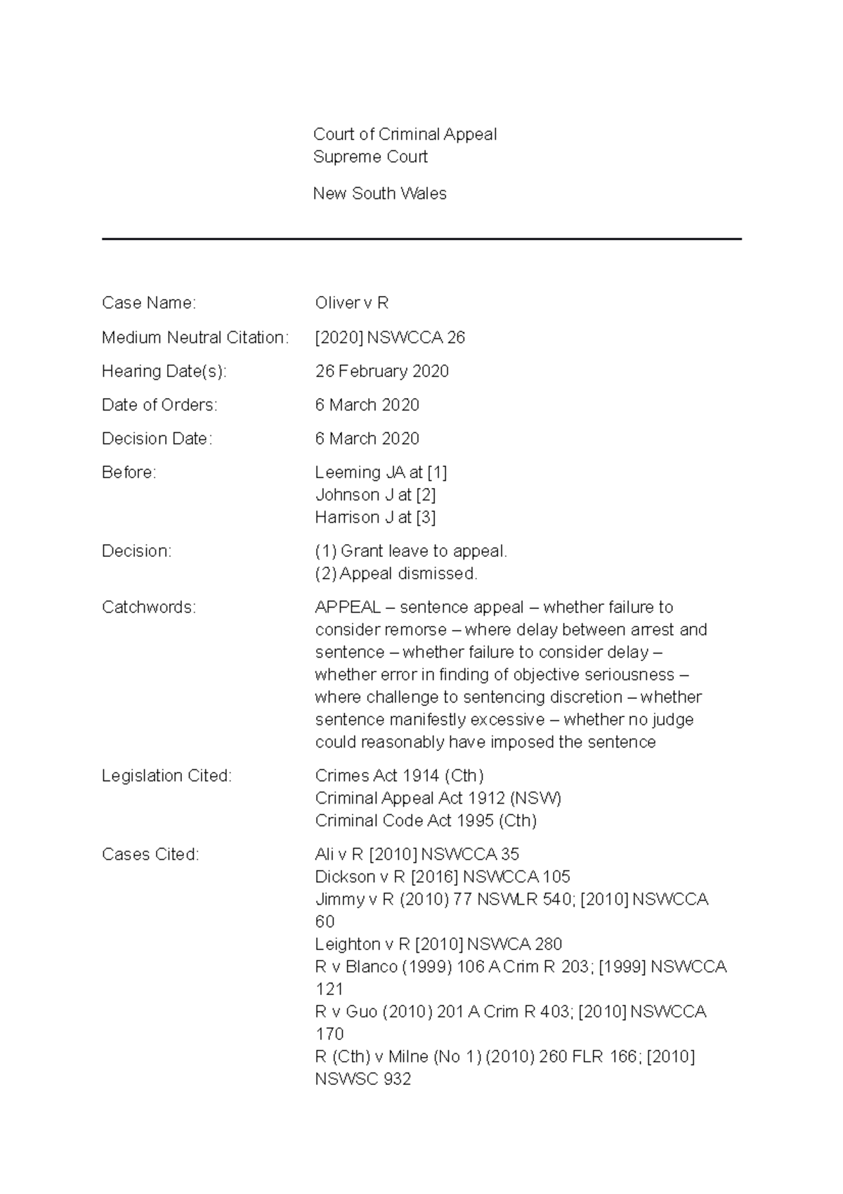 Oliver v R material Court of Criminal Appeal Supreme Court New
