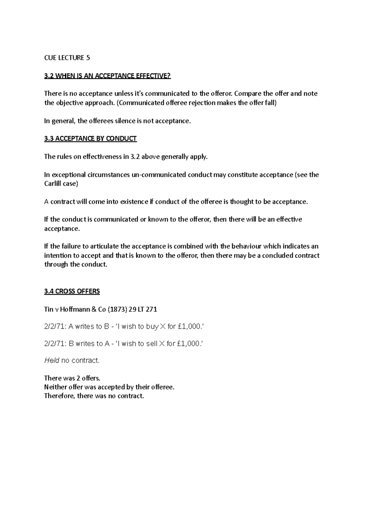 WEEK 3 - Formation OF Contract - CUE LECTURE 5 3 WHEN IS AN ACCEPTANCE ...