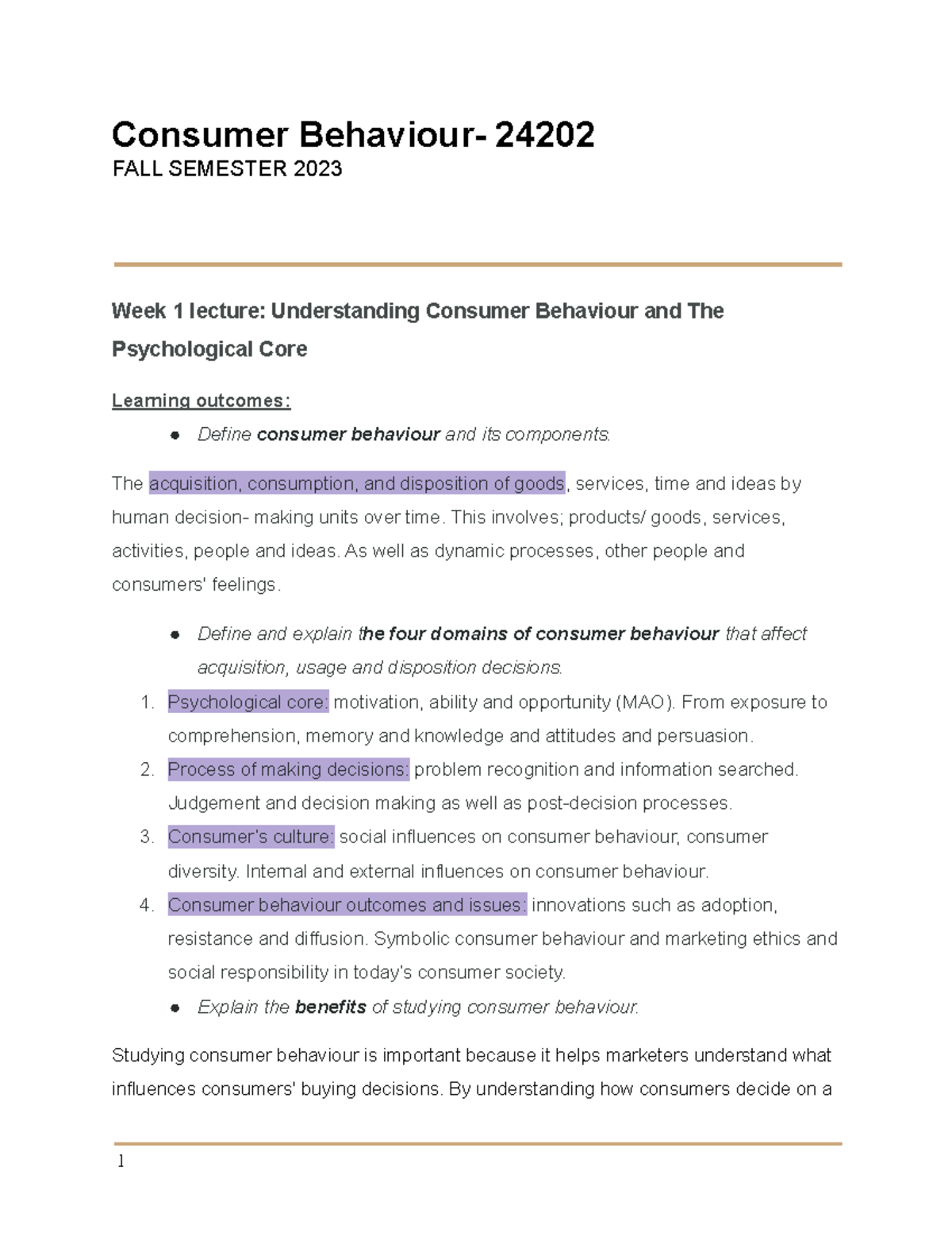 Consumer Behaviour - Lecture 1,2 And Tutorial 1,2 - Consumer Behaviour ...