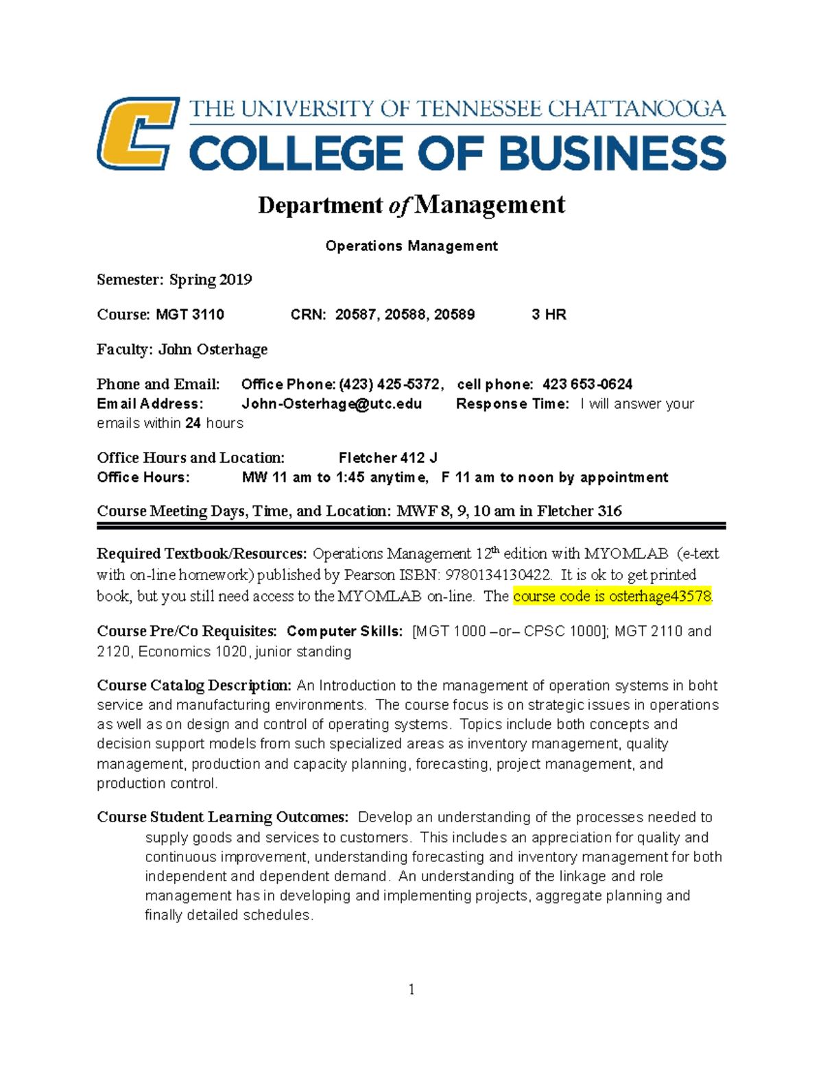 Operations Management Syllabus - Department Of Management Operations ...