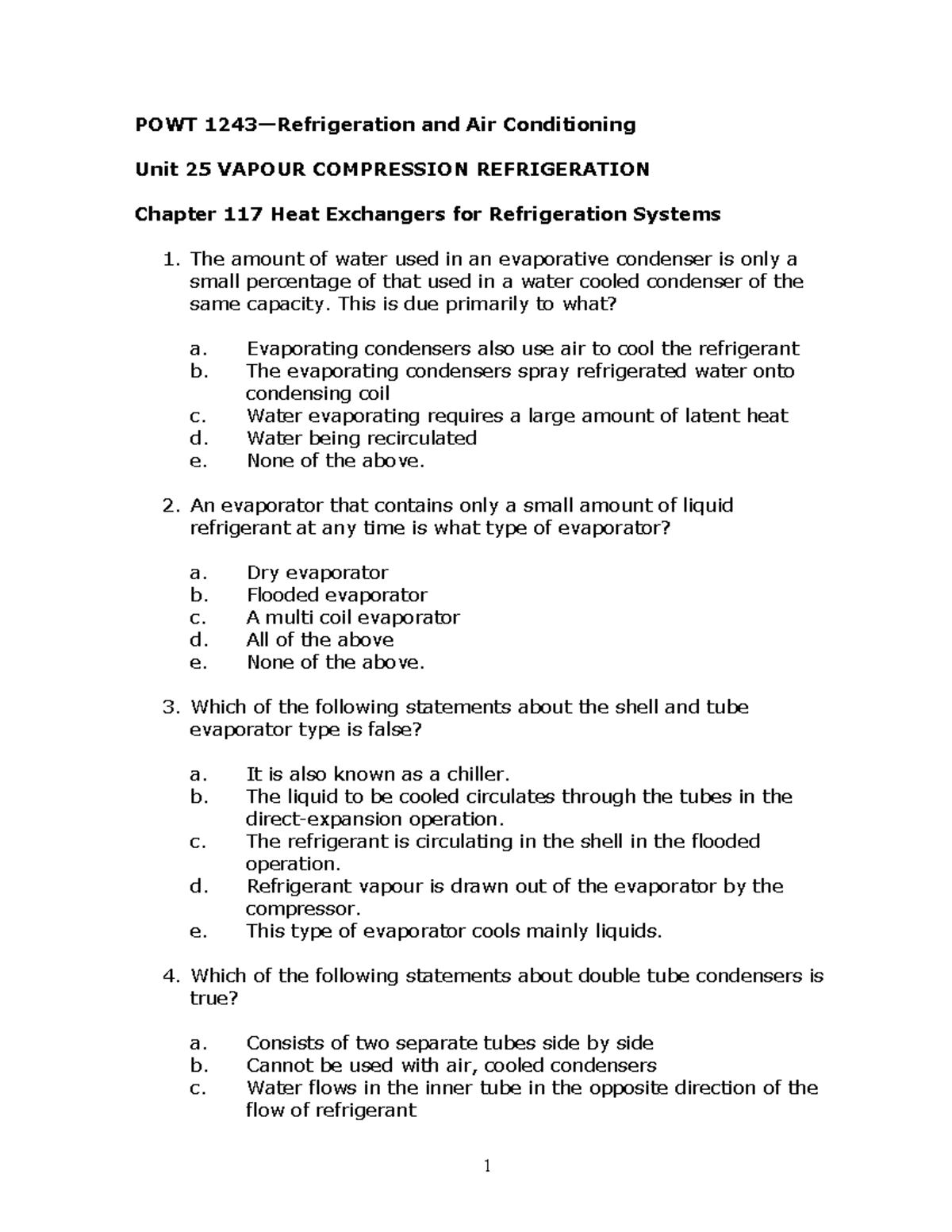 Exam 2014, questions and answers POWT 1243—Refrigeration and Air