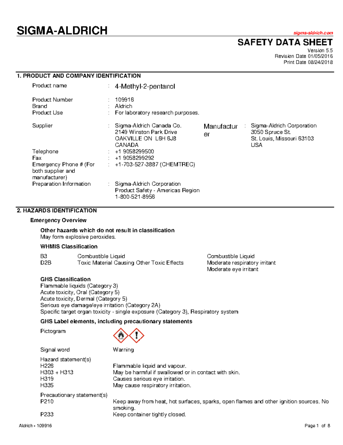 SDS 4methyl2pentanol (Aldrich) 2018 SIGMAALDRICH sigmaaldrich