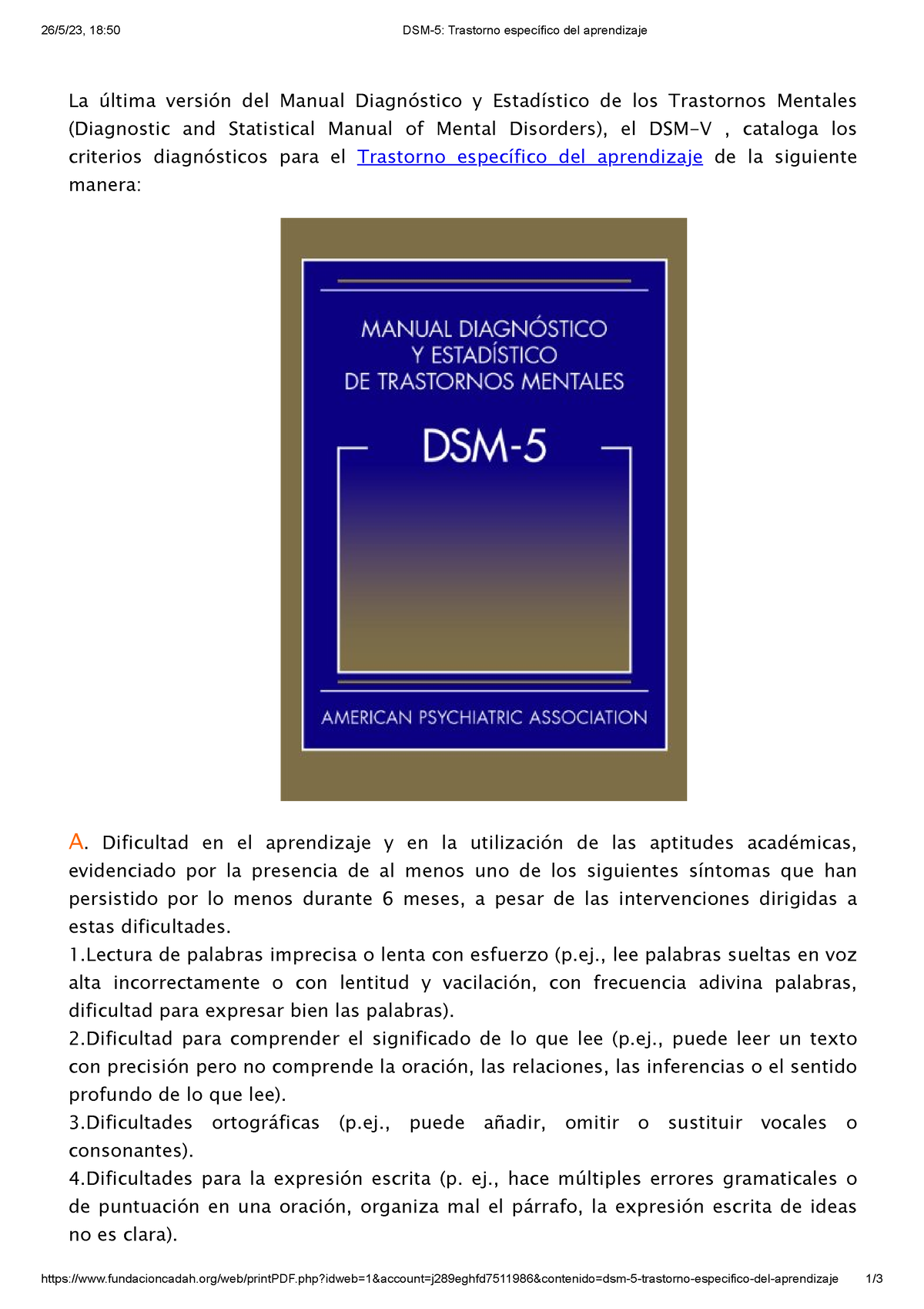 DSM-5 Trastorno Específico Del Aprendizaje - Psicopatología II - UCV ...