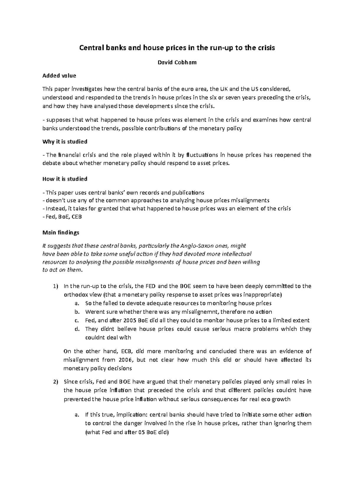 Real Estate Markets and Analysis Samenvatting Central banks and house