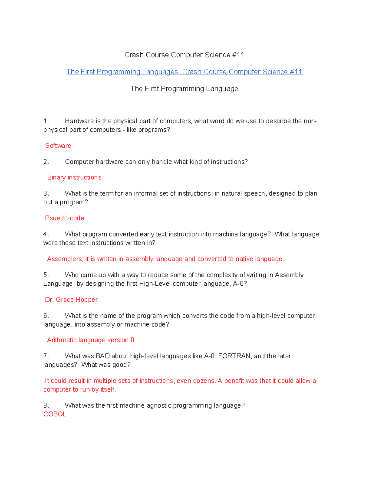 Copy of CCCS11 - summary of YouTube videos watched in class - Crash ...