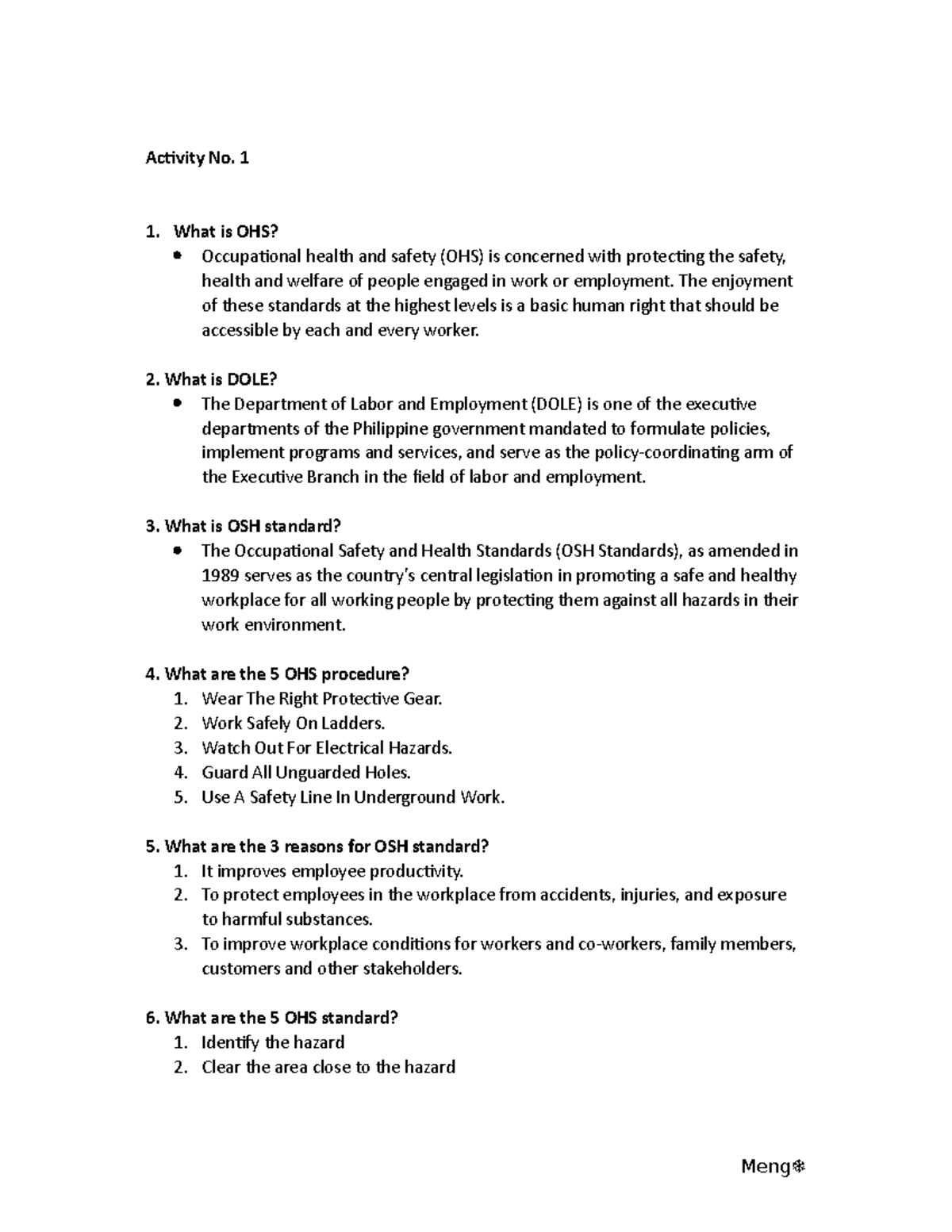 Act1 - OHS - Activity No. 1 What is OHS? Occupational health and safety ...