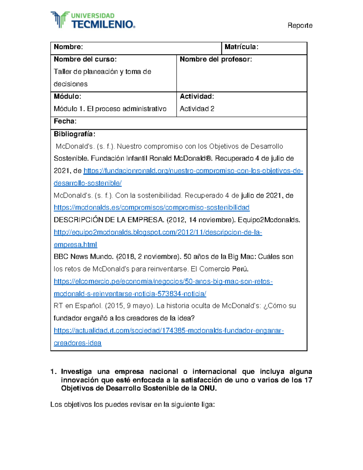 Evidencia 1 taller - Nombre : Matrícula : Nombre del curso: Taller de ...
