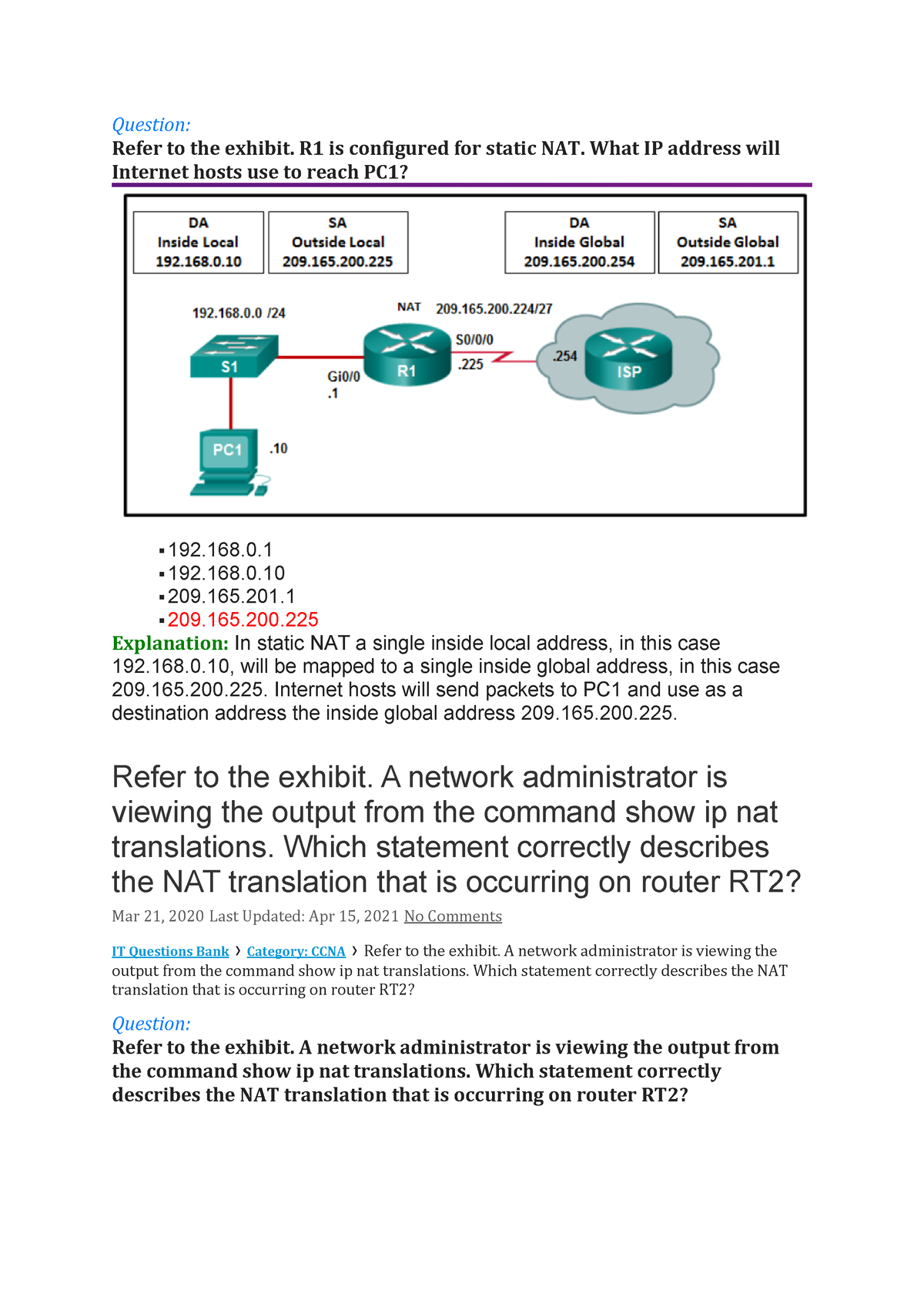 Nat Network Address Protocol Question Refer To The Exhibit R Is Configured For Static Nat